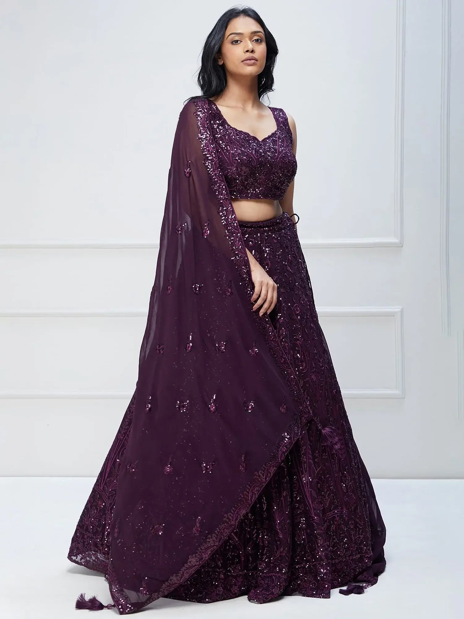 Excellent Purple Sequins Georgette Reception Wear Lehenga Choli - Zeel Clothing
