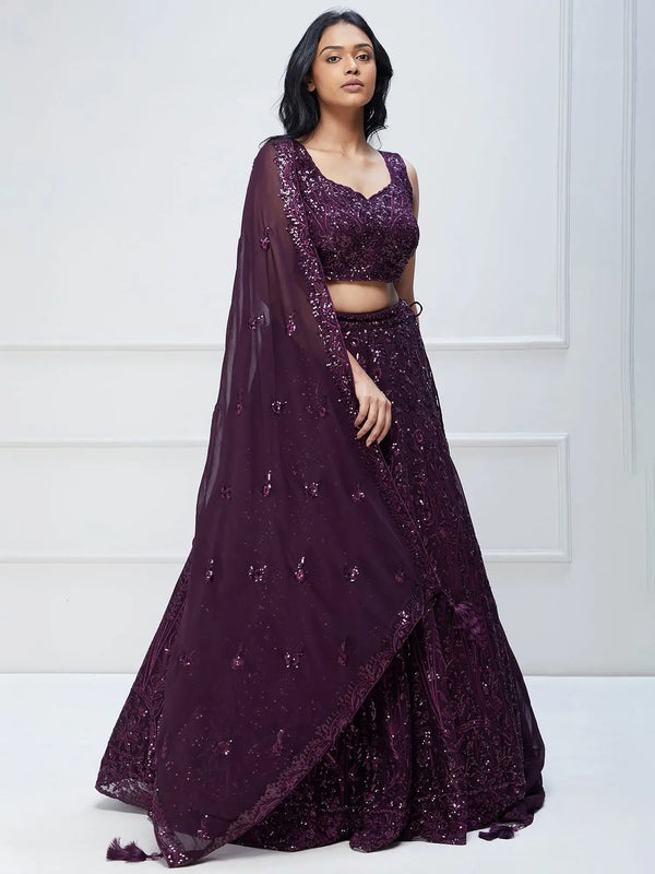 Excellent Purple Sequins Georgette Reception Wear Lehenga Choli - Zeel Clothing