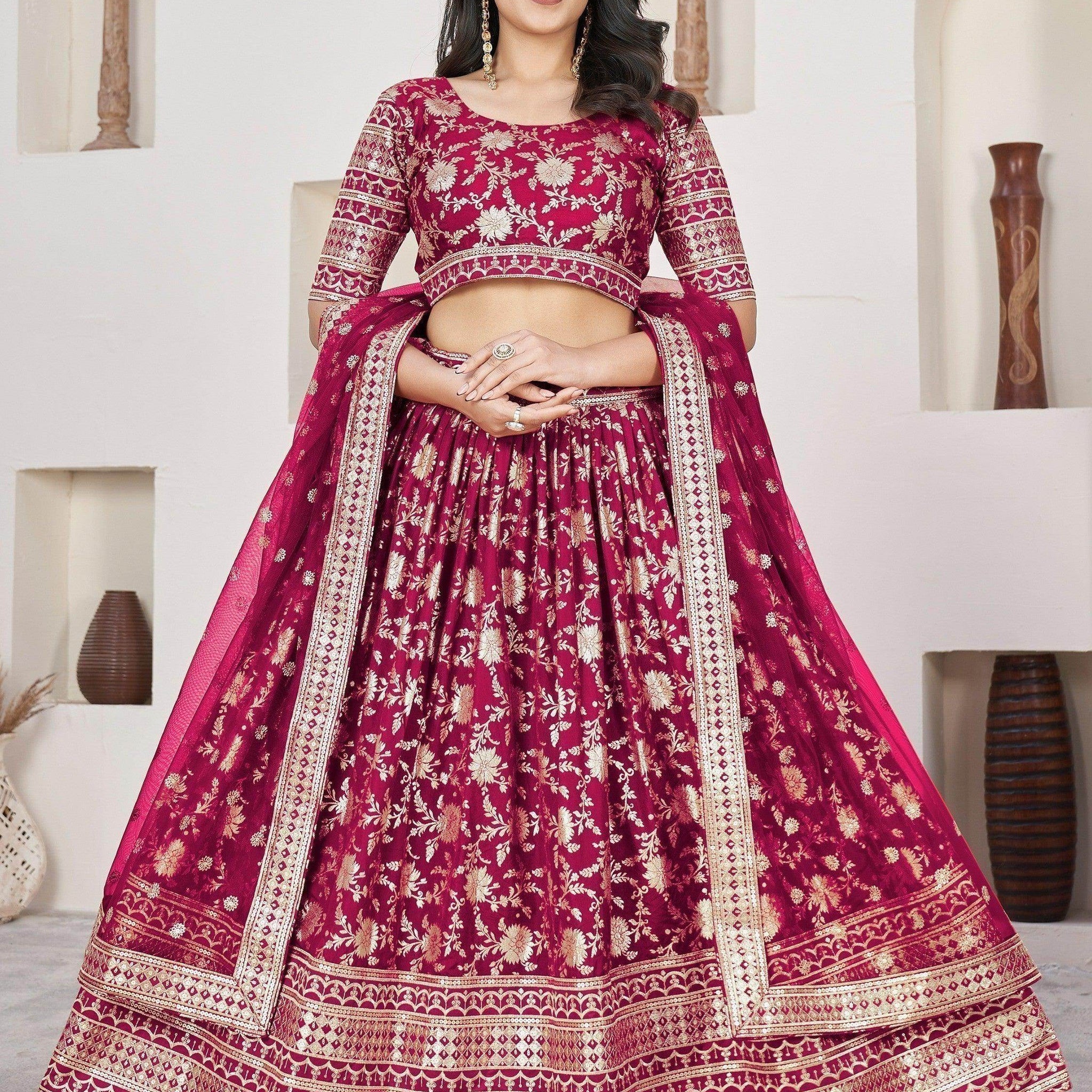 Excellent Rani Pink Zari Work Jacquard Wedding Wear Lehenga Choli - Zeel Clothing