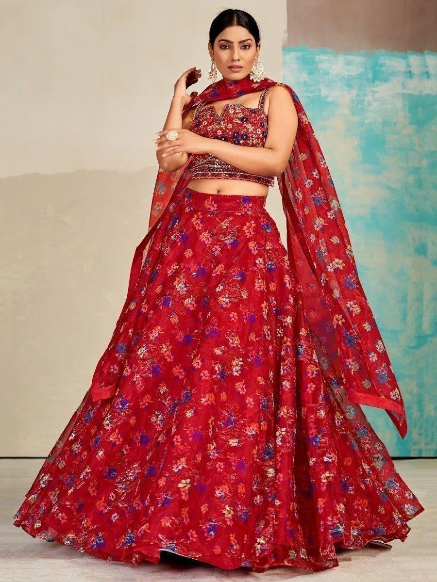 Excellent Red Digital Print Organza Party Wear Lehenga Choli - Zeel Clothing
