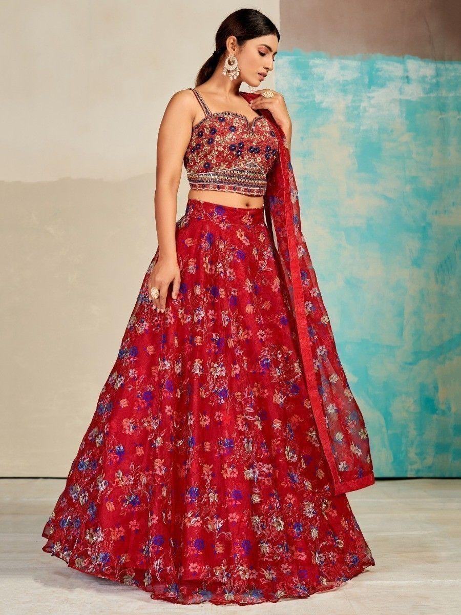 Excellent Red Digital Print Organza Party Wear Lehenga Choli - Zeel Clothing