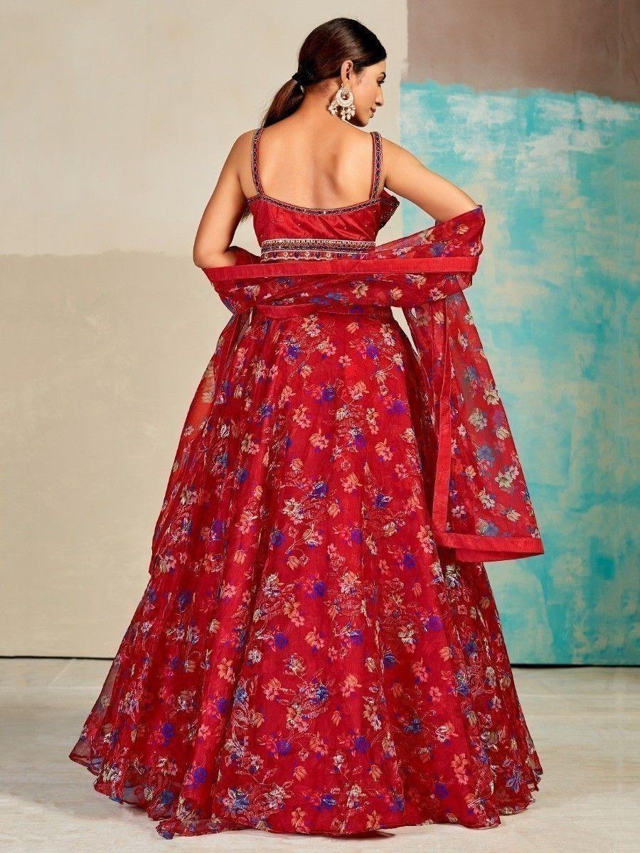 Excellent Red Digital Print Organza Party Wear Lehenga Choli - Zeel Clothing