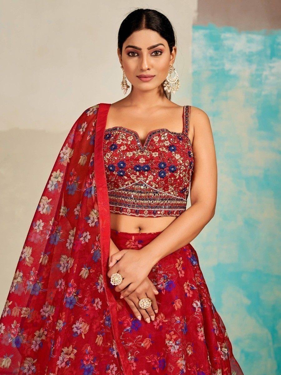 Excellent Red Digital Print Organza Party Wear Lehenga Choli - Zeel Clothing