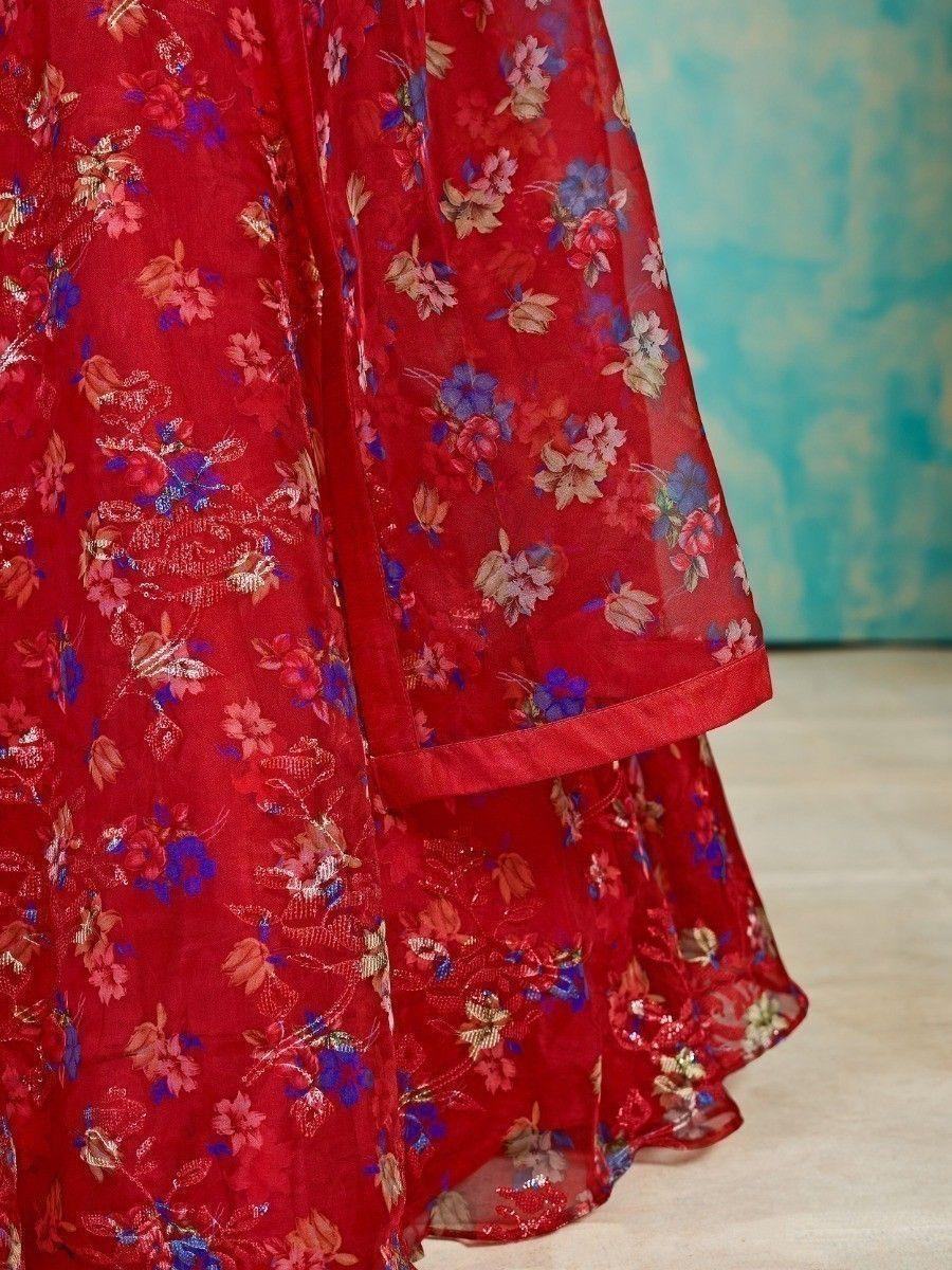 Excellent Red Digital Print Organza Party Wear Lehenga Choli - Zeel Clothing