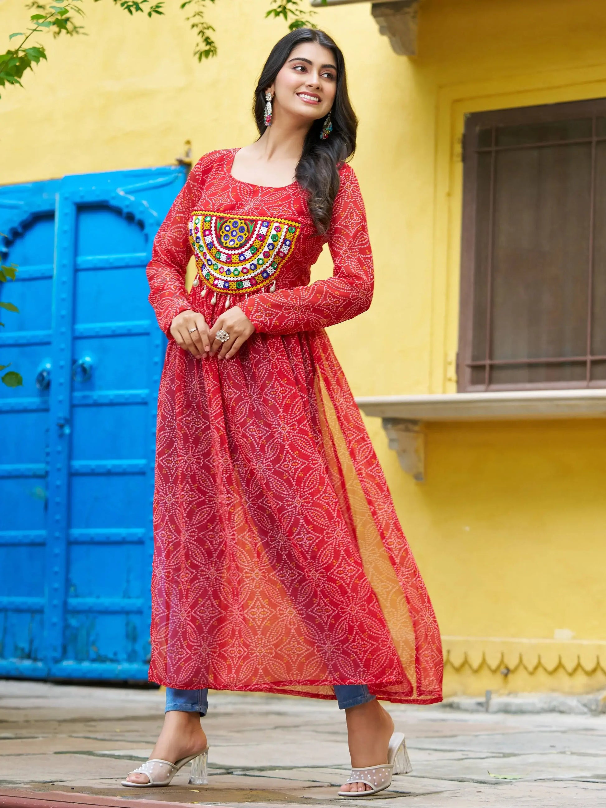 Excellent Red Gamthi Work Georgette Traditional Long Kurti - Zeel Clothing