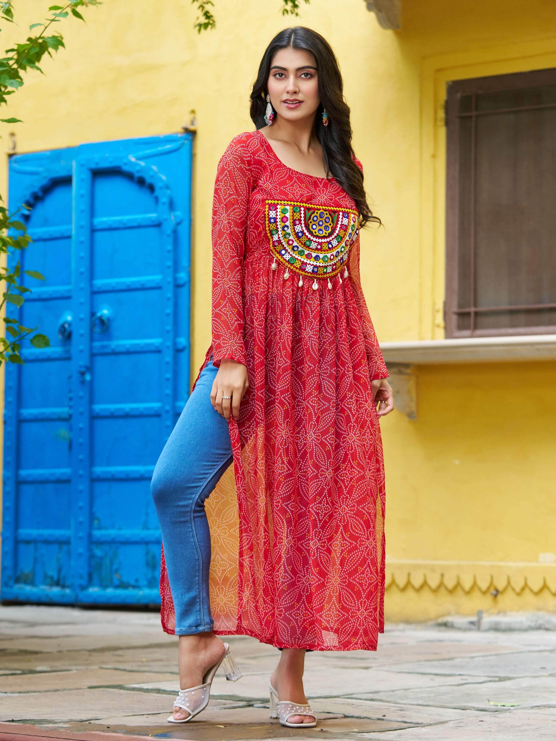 Excellent Red Gamthi Work Georgette Traditional Long Kurti - Zeel Clothing