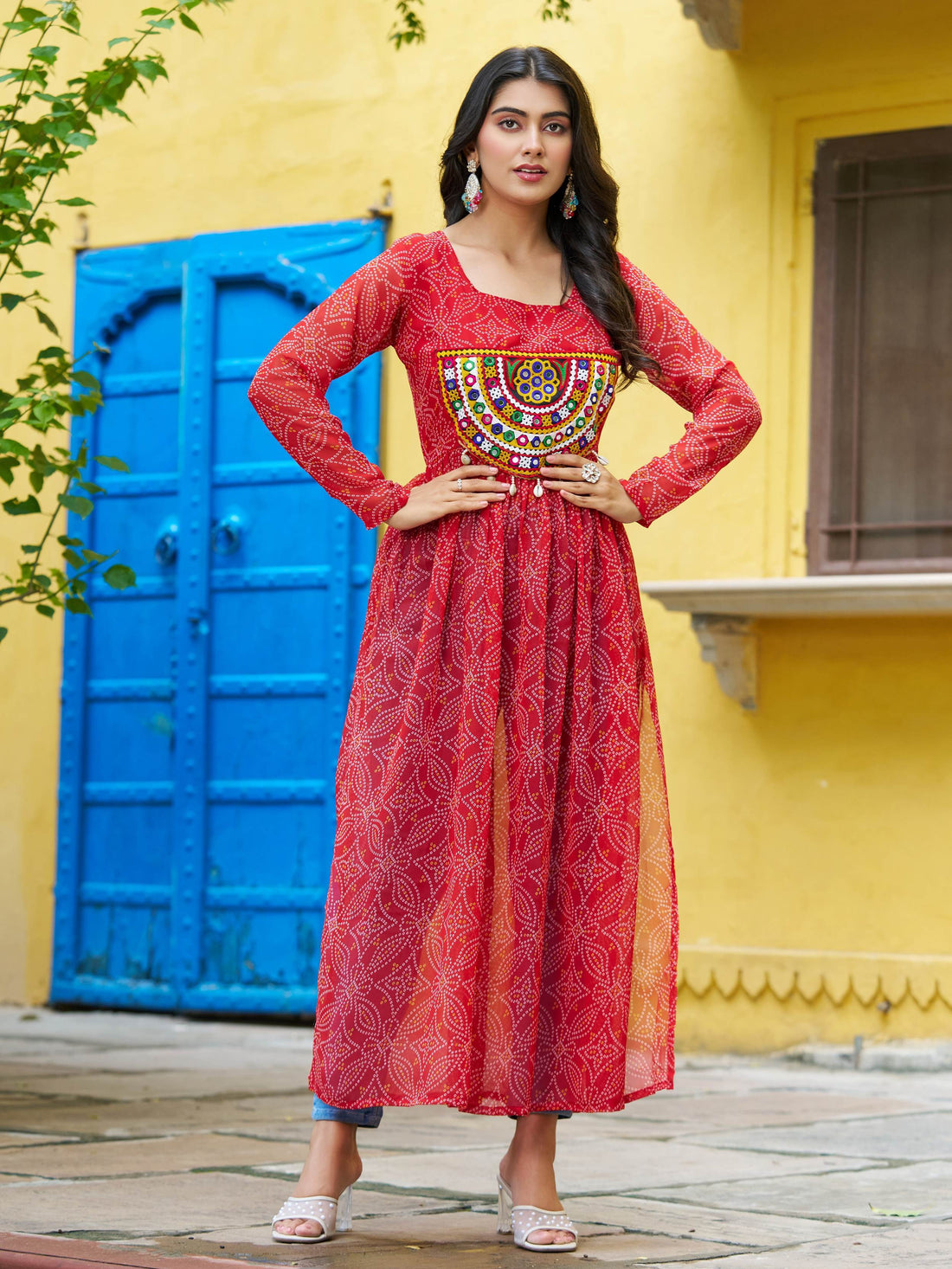 Excellent Red Gamthi Work Georgette Traditional Long Kurti - Zeel Clothing