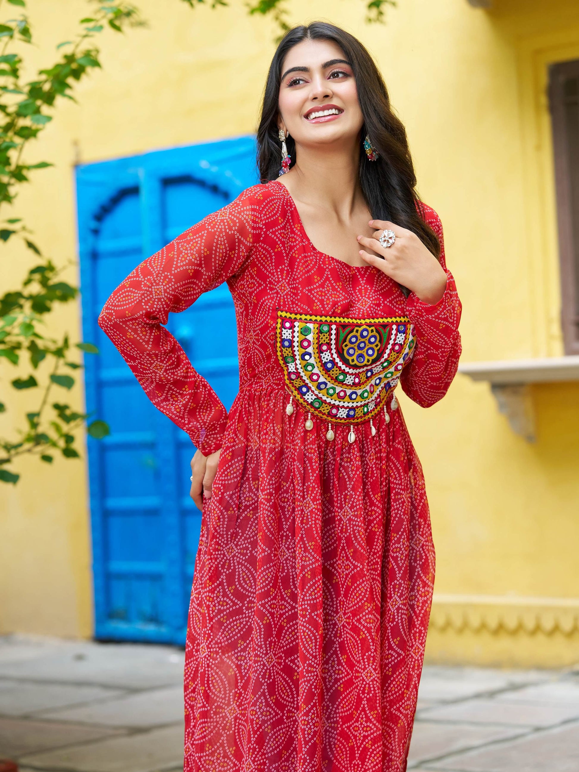 Excellent Red Gamthi Work Georgette Traditional Long Kurti - Zeel Clothing