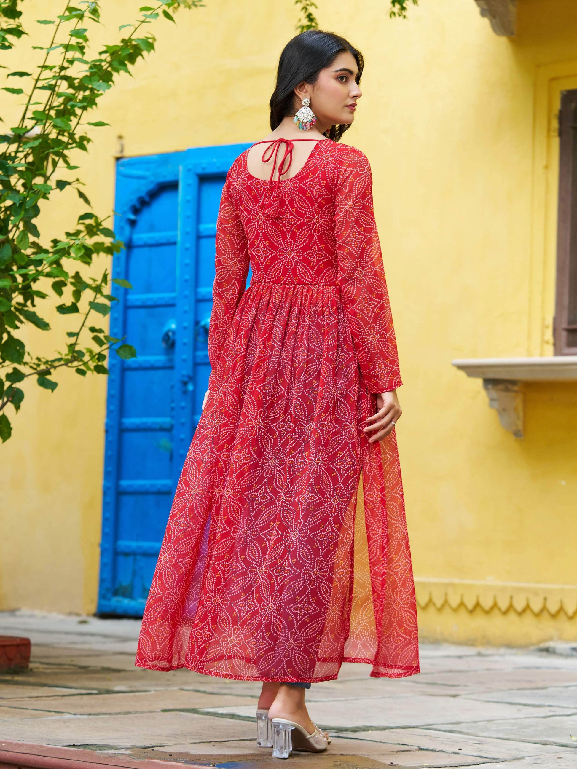 Excellent Red Gamthi Work Georgette Traditional Long Kurti - Zeel Clothing