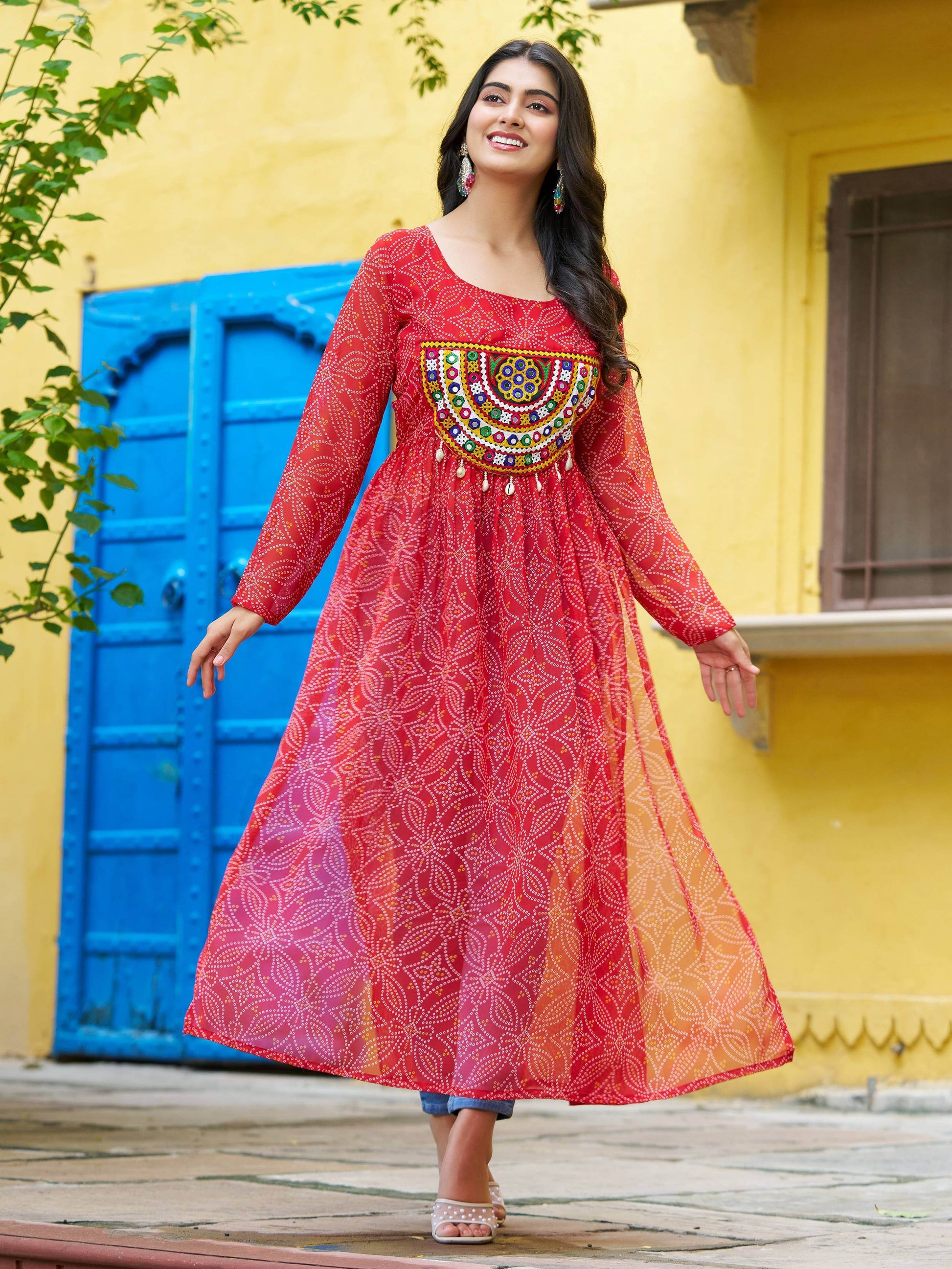 Excellent Red Gamthi Work Georgette Traditional Long Kurti - Zeel Clothing