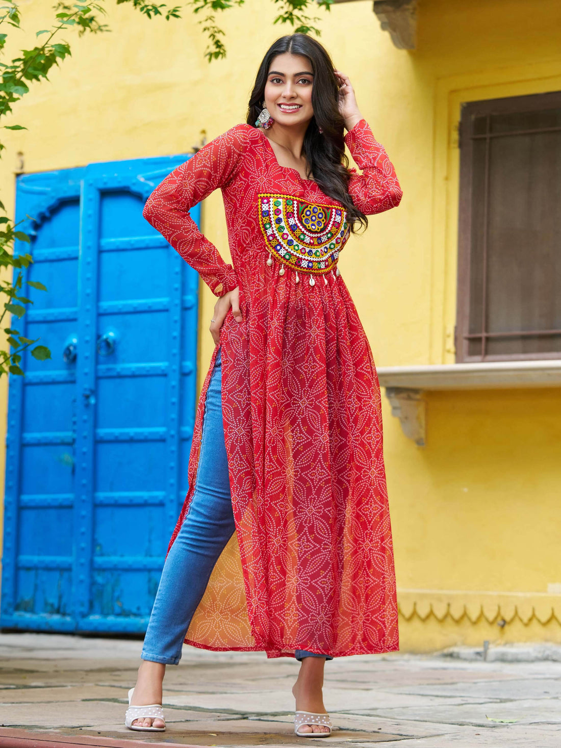 Excellent Red Gamthi Work Georgette Traditional Long Kurti - Zeel Clothing