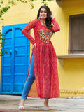 Excellent Red Gamthi Work Georgette Traditional Long Kurti - Zeel Clothing