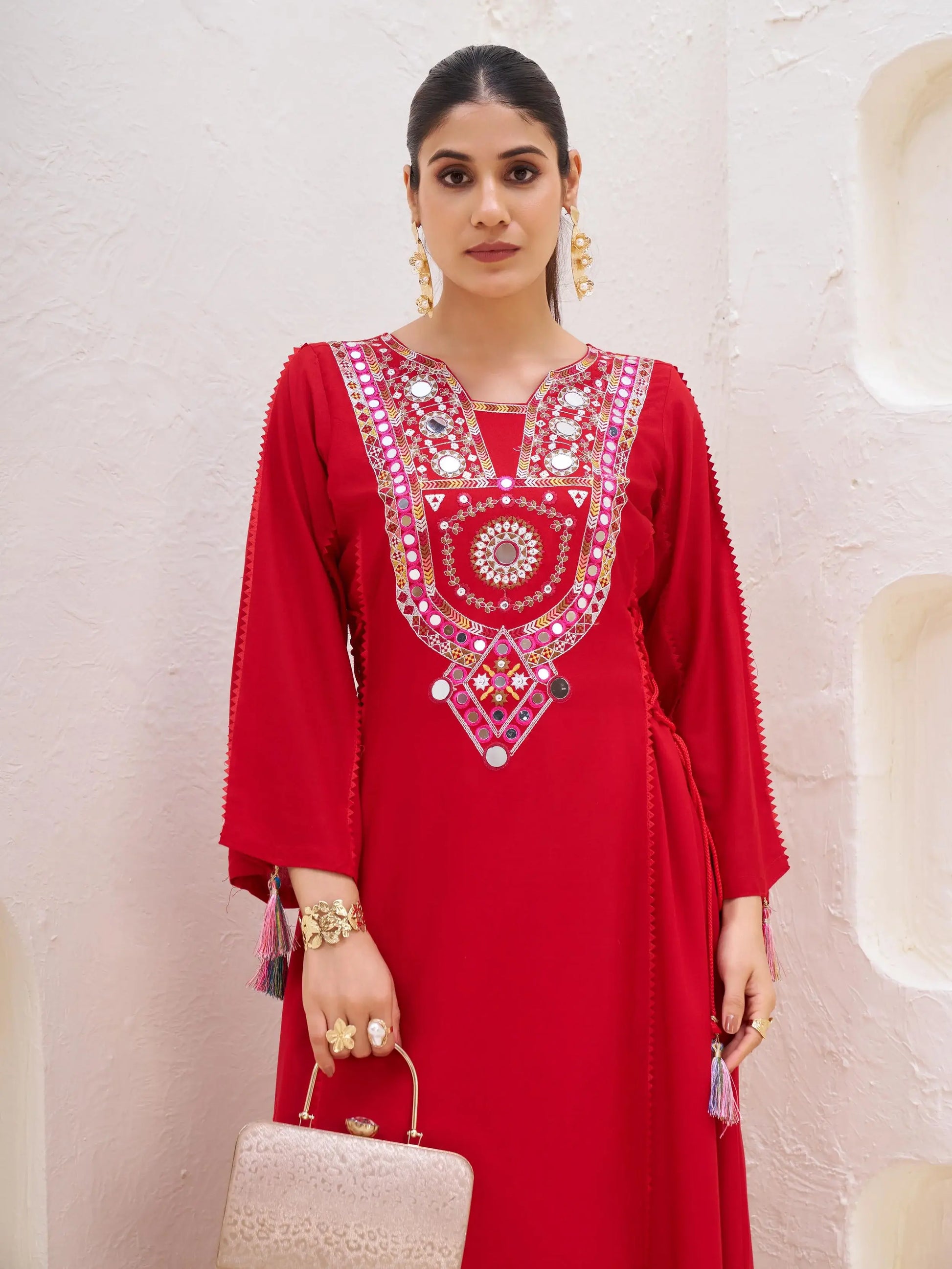 Excellent Red Thread Embroidered Rayon Traditional Co-Ord Set - Zeel Clothing