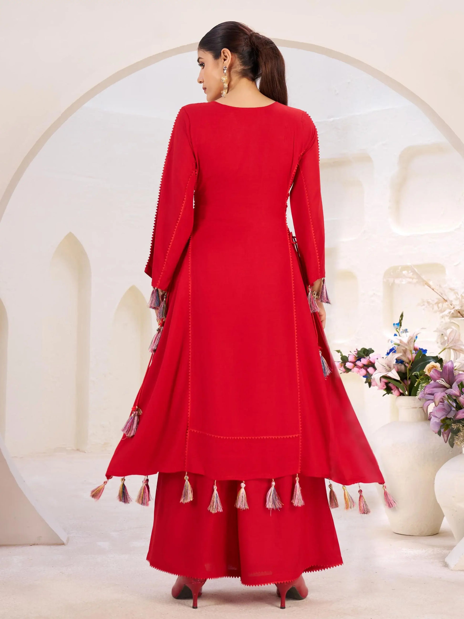 Excellent Red Thread Embroidered Rayon Traditional Co-Ord Set - Zeel Clothing