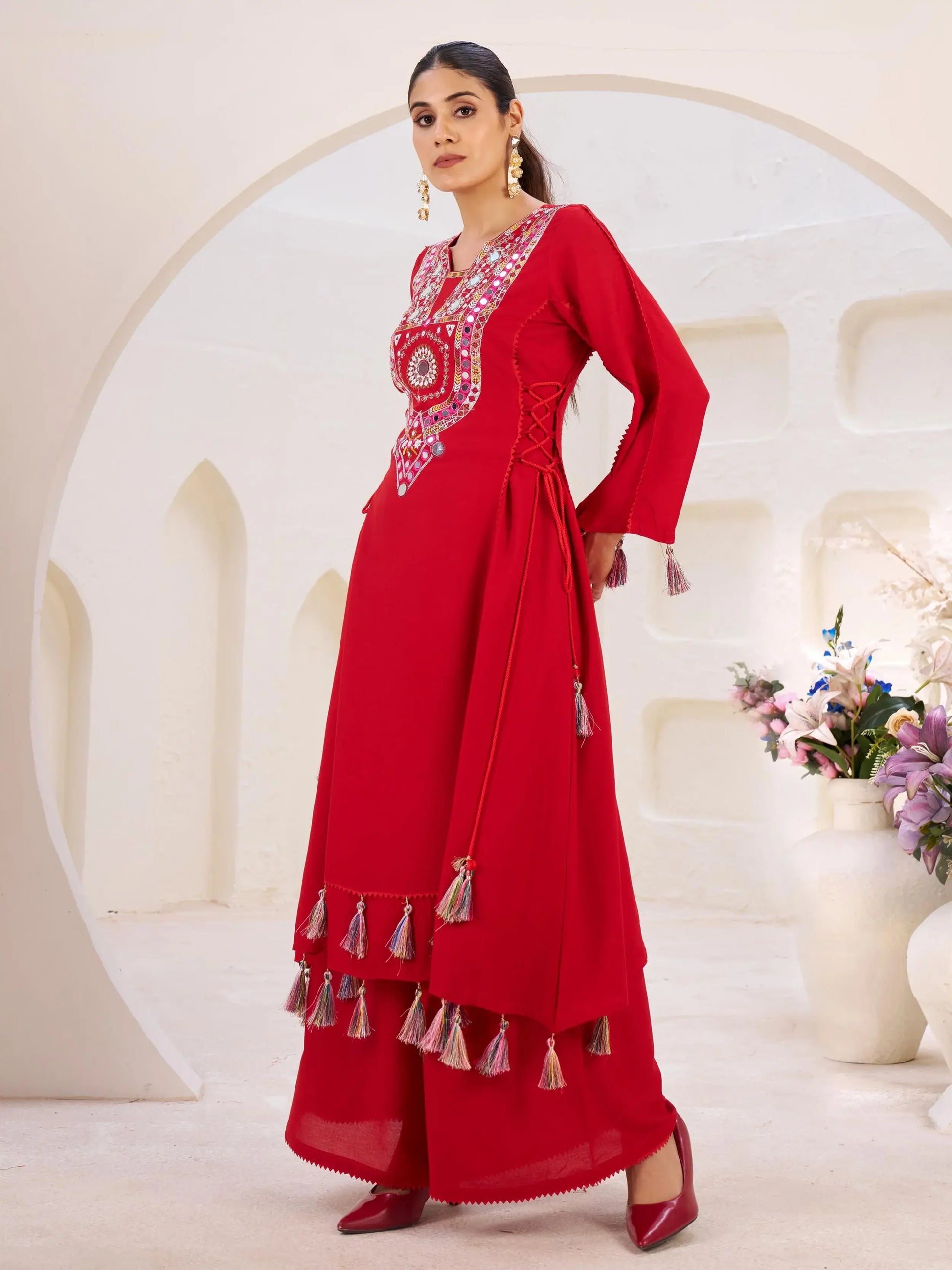Excellent Red Thread Embroidered Rayon Traditional Co-Ord Set - Zeel Clothing