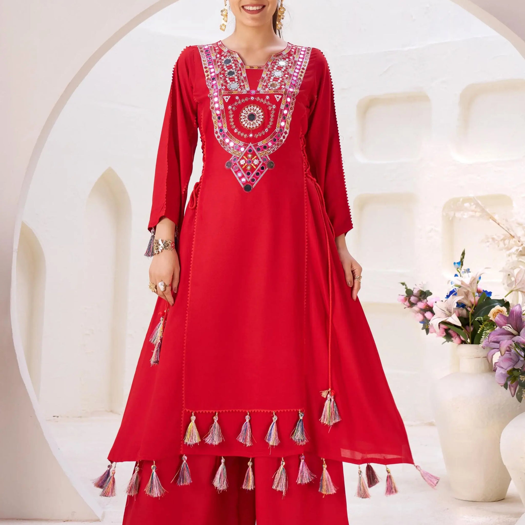 Excellent Red Thread Embroidered Rayon Traditional Co-Ord Set - Zeel Clothing