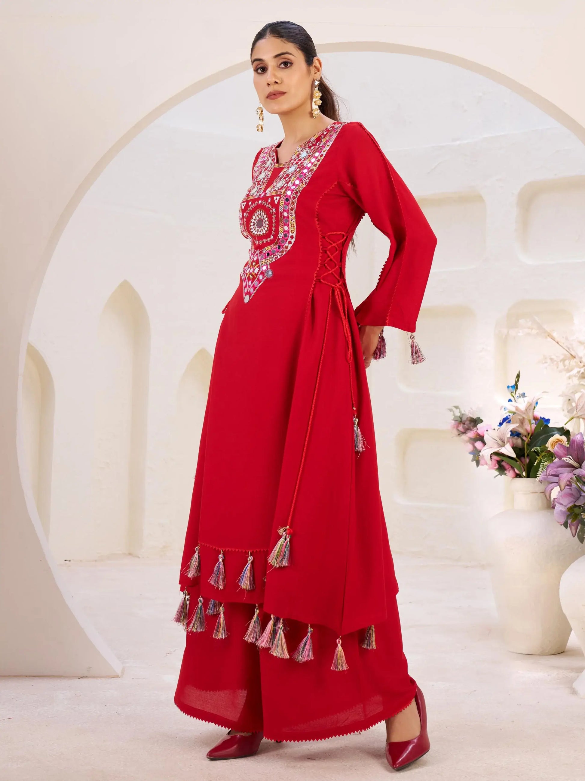Excellent Red Thread Embroidered Rayon Traditional Co-Ord Set - Zeel Clothing