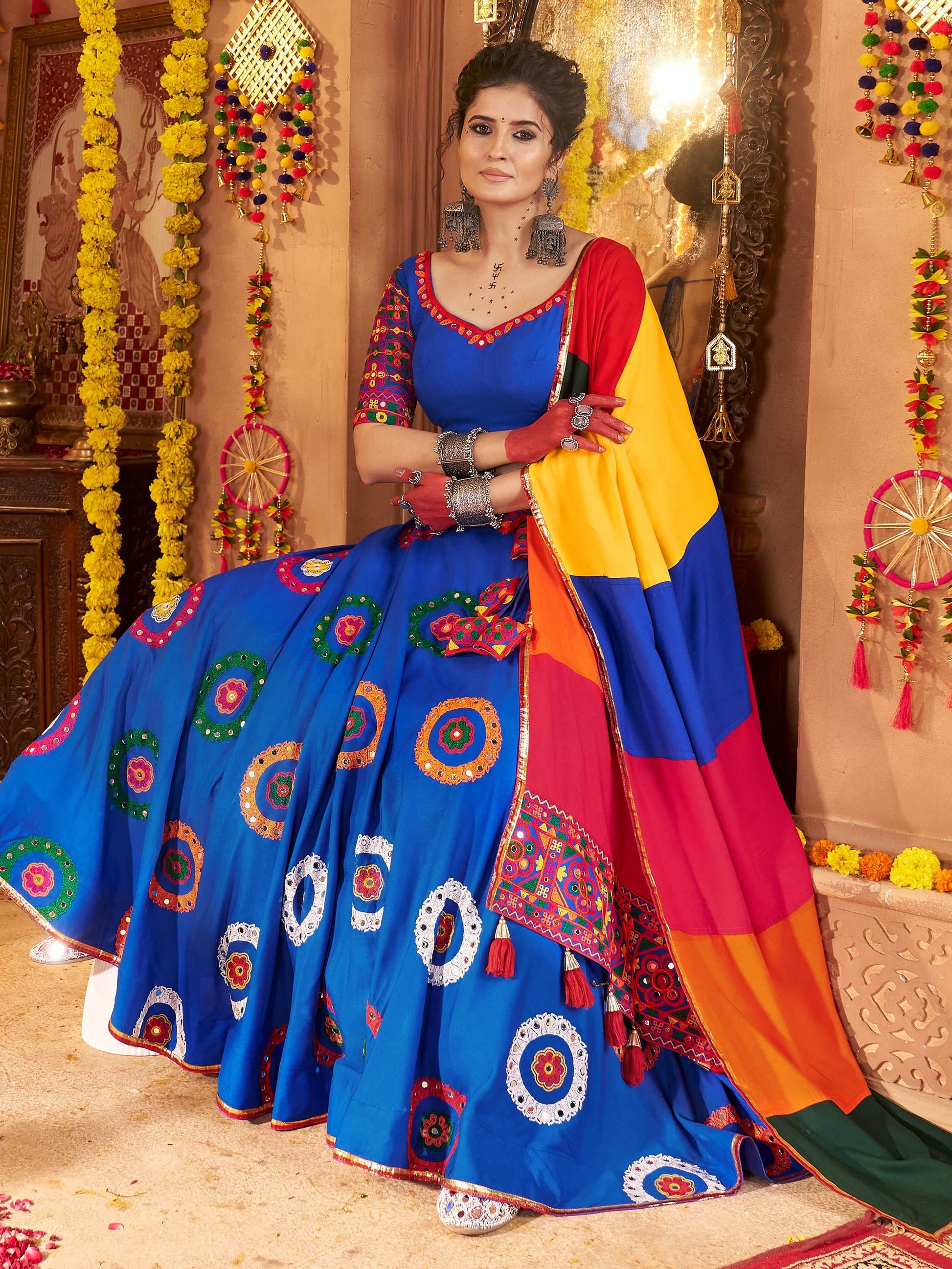 Excellent Royal Blue Thread Work Cotton Navratri Special Lehenga Choli With Dupatta - Zeel Clothing