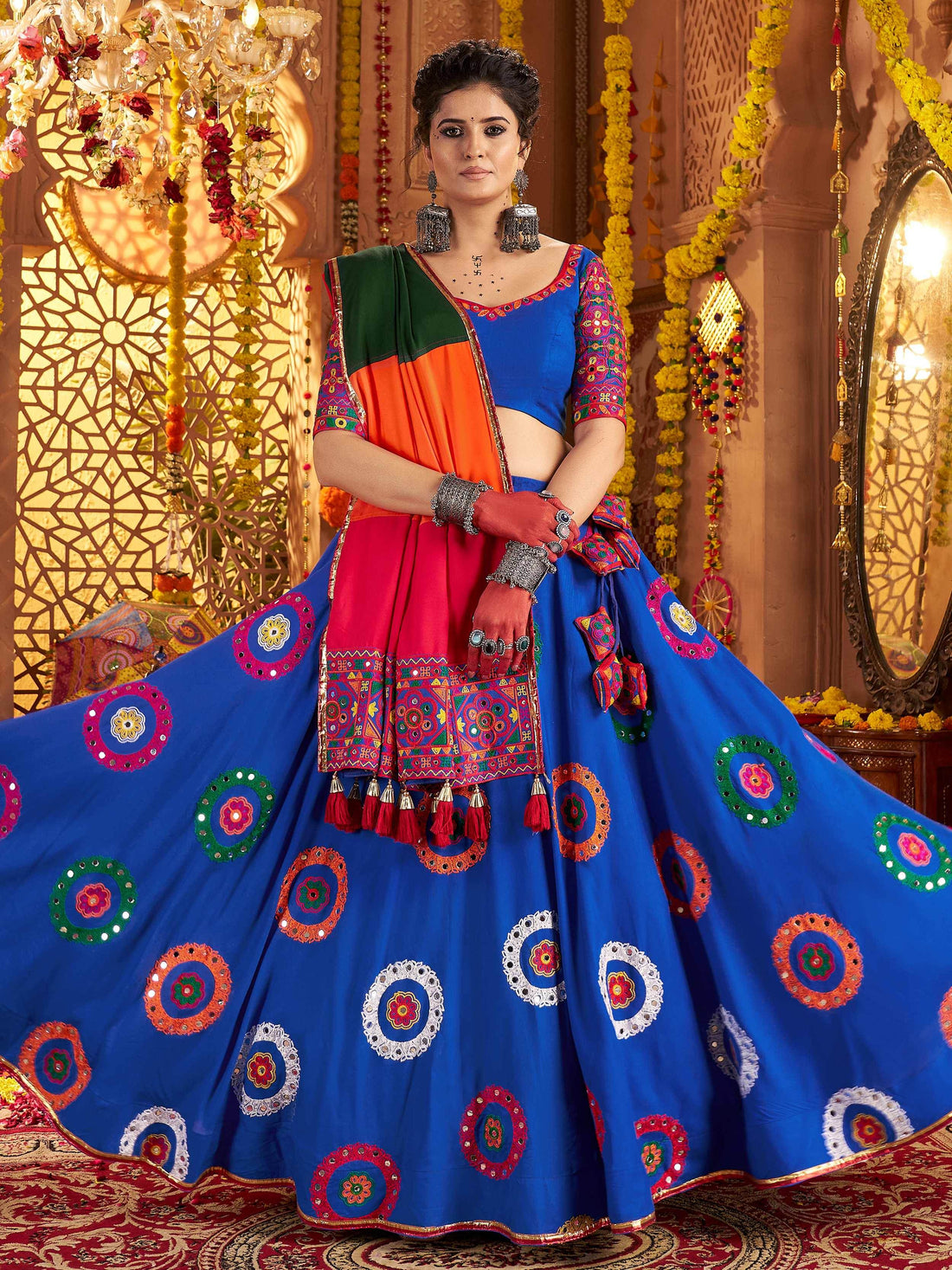 Excellent Royal Blue Thread Work Cotton Navratri Special Lehenga Choli With Dupatta - Zeel Clothing