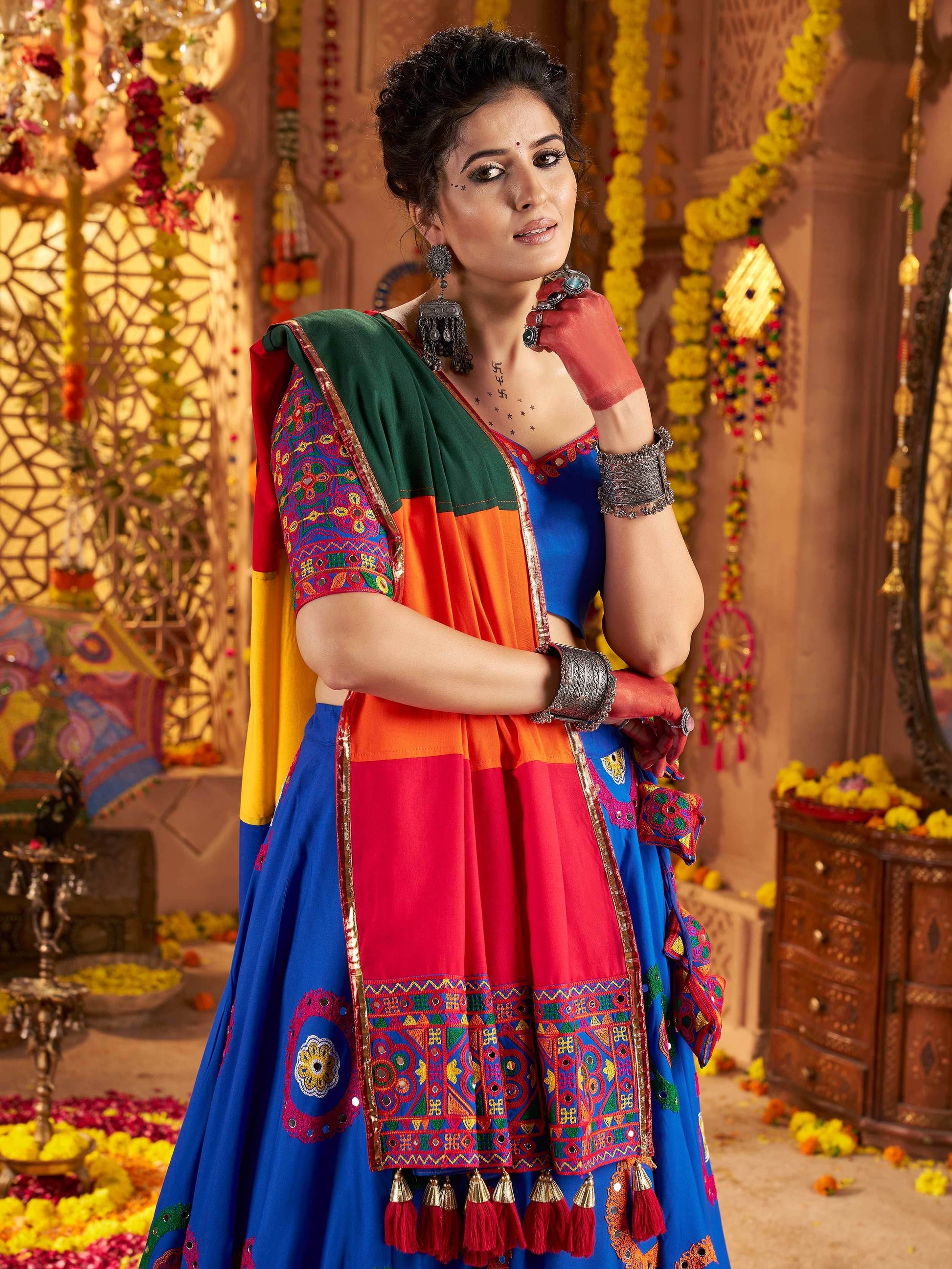 Excellent Royal Blue Thread Work Cotton Navratri Special Lehenga Choli With Dupatta - Zeel Clothing