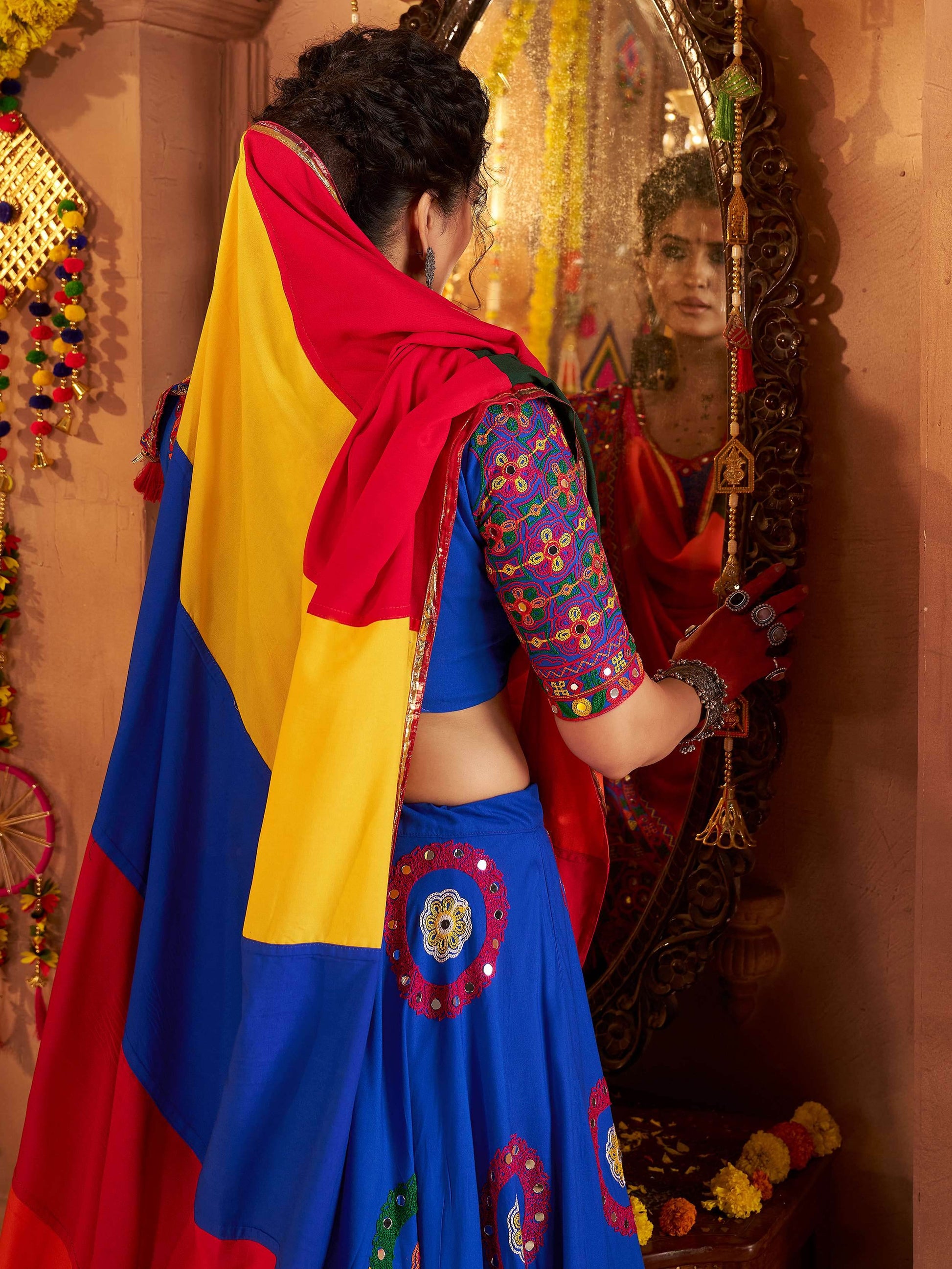 Excellent Royal Blue Thread Work Cotton Navratri Special Lehenga Choli With Dupatta - Zeel Clothing