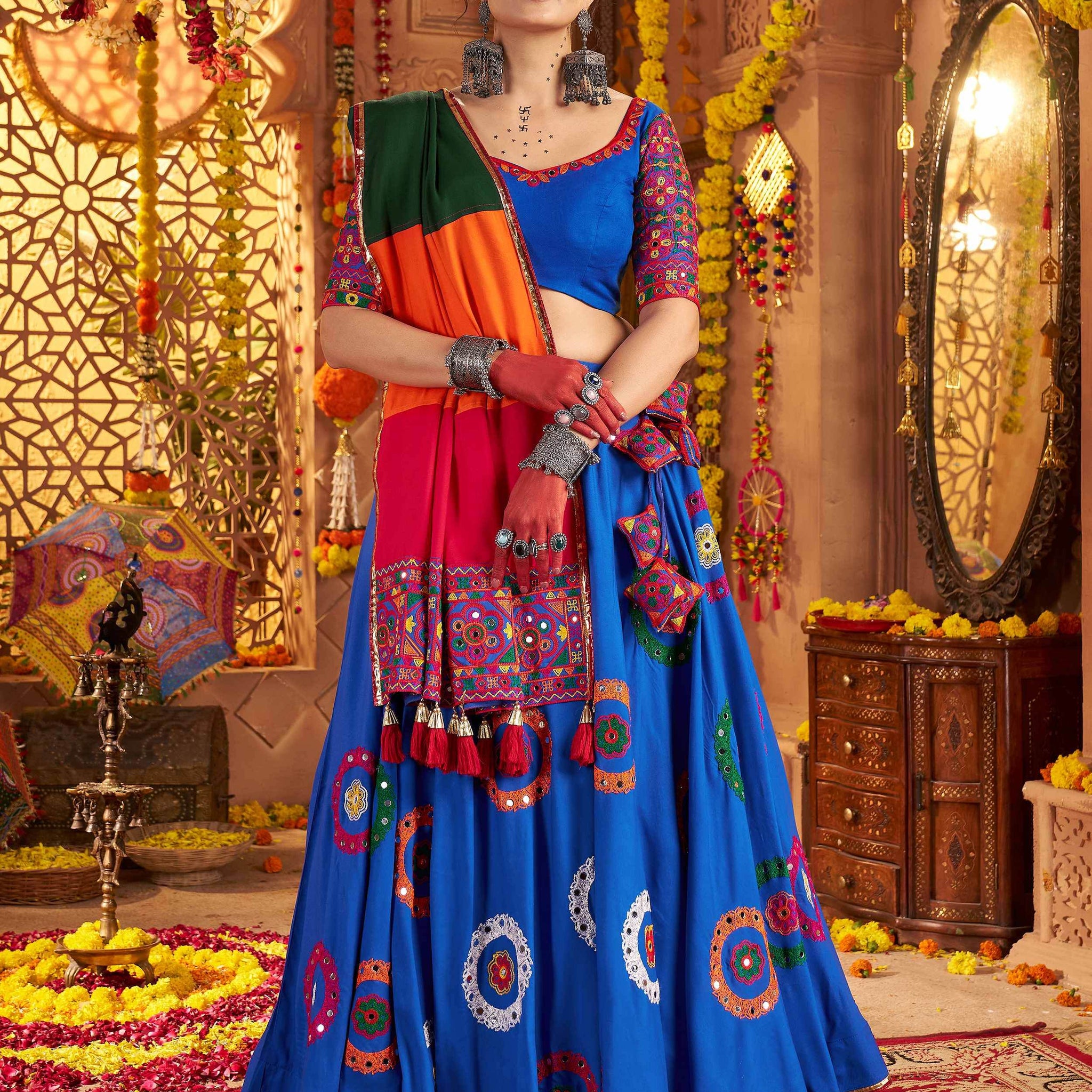 Excellent Royal Blue Thread Work Cotton Navratri Special Lehenga Choli With Dupatta - Zeel Clothing