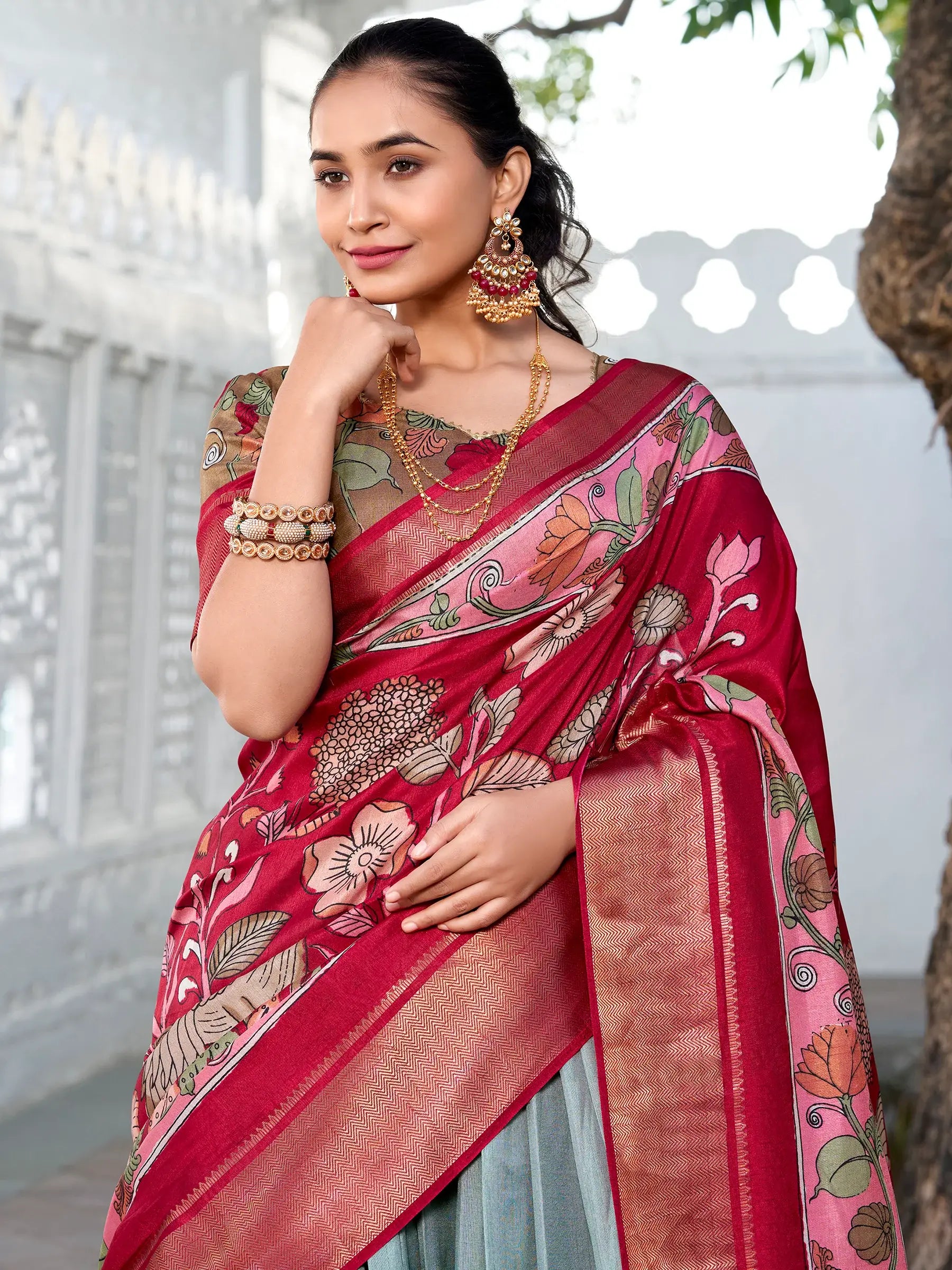 Excellent Sea Green Kalamkari Printed Dola Silk Lehenga Choli - Zeel Clothing