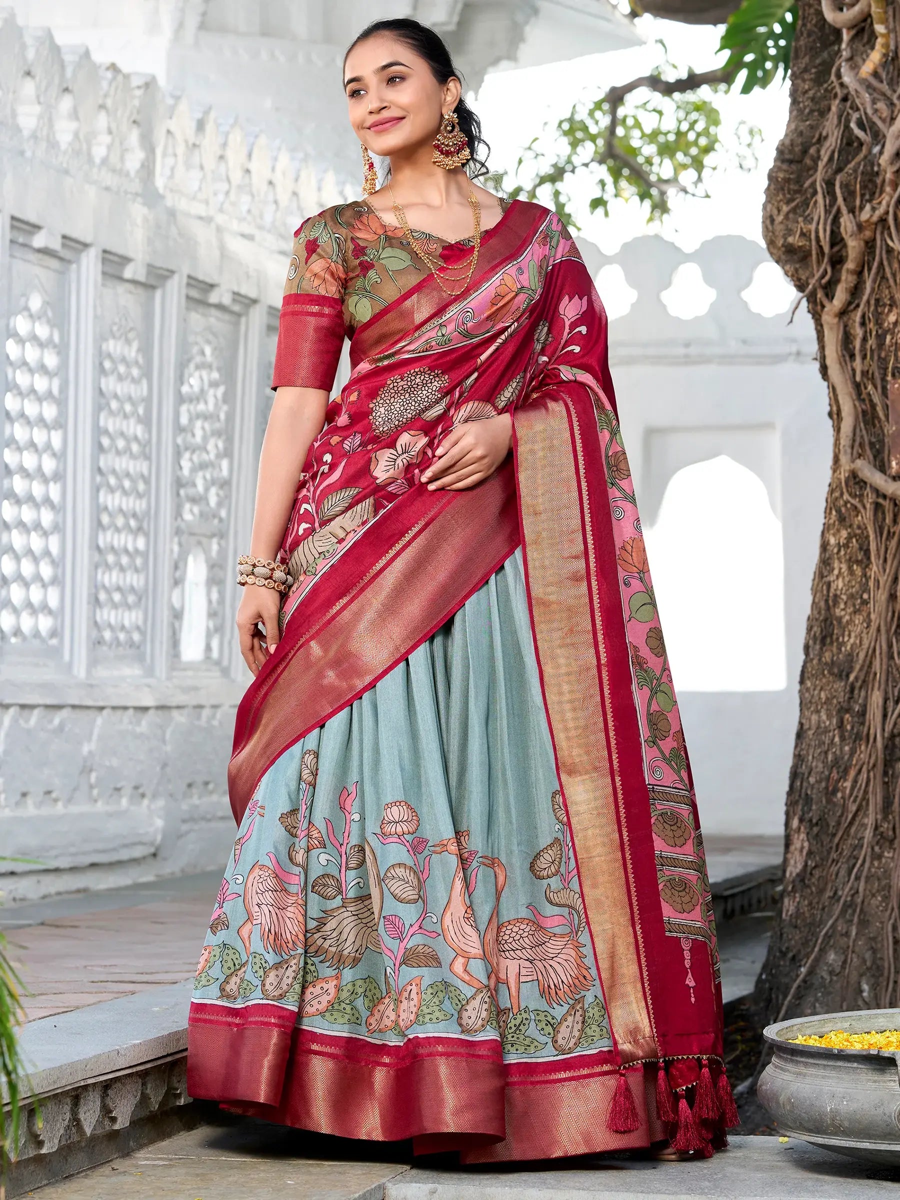 Excellent Sea Green Kalamkari Printed Dola Silk Lehenga Choli - Zeel Clothing