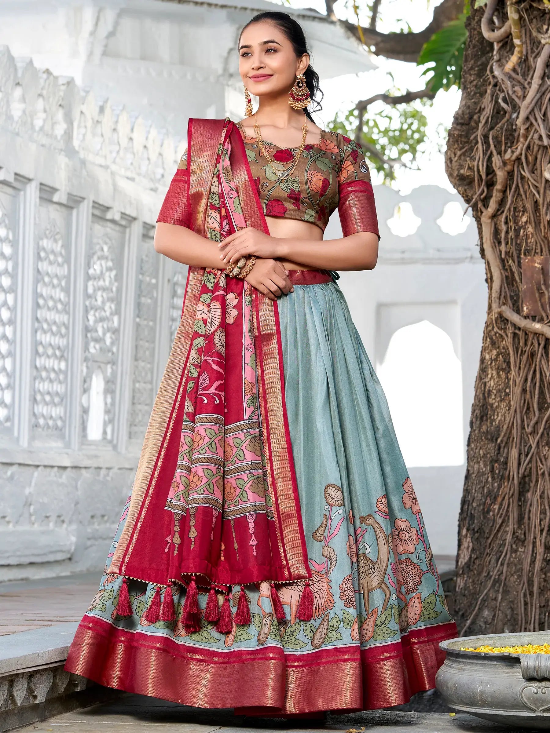 Excellent Sea Green Kalamkari Printed Dola Silk Lehenga Choli - Zeel Clothing