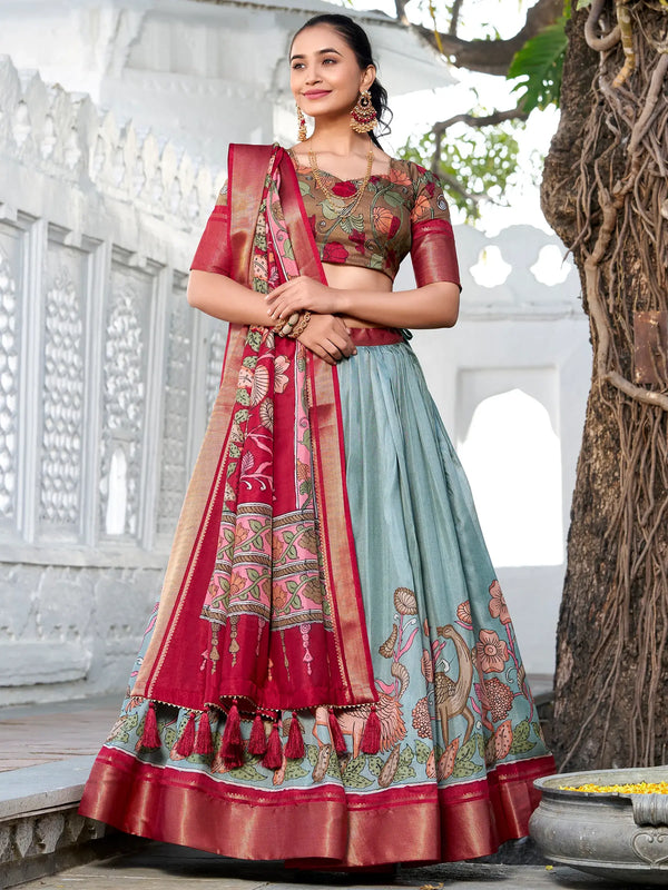 Excellent Sea Green Kalamkari Printed Dola Silk Lehenga Choli - Zeel Clothing