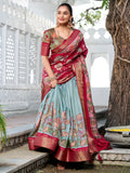 Excellent Sea Green Kalamkari Printed Dola Silk Lehenga Choli - Zeel Clothing