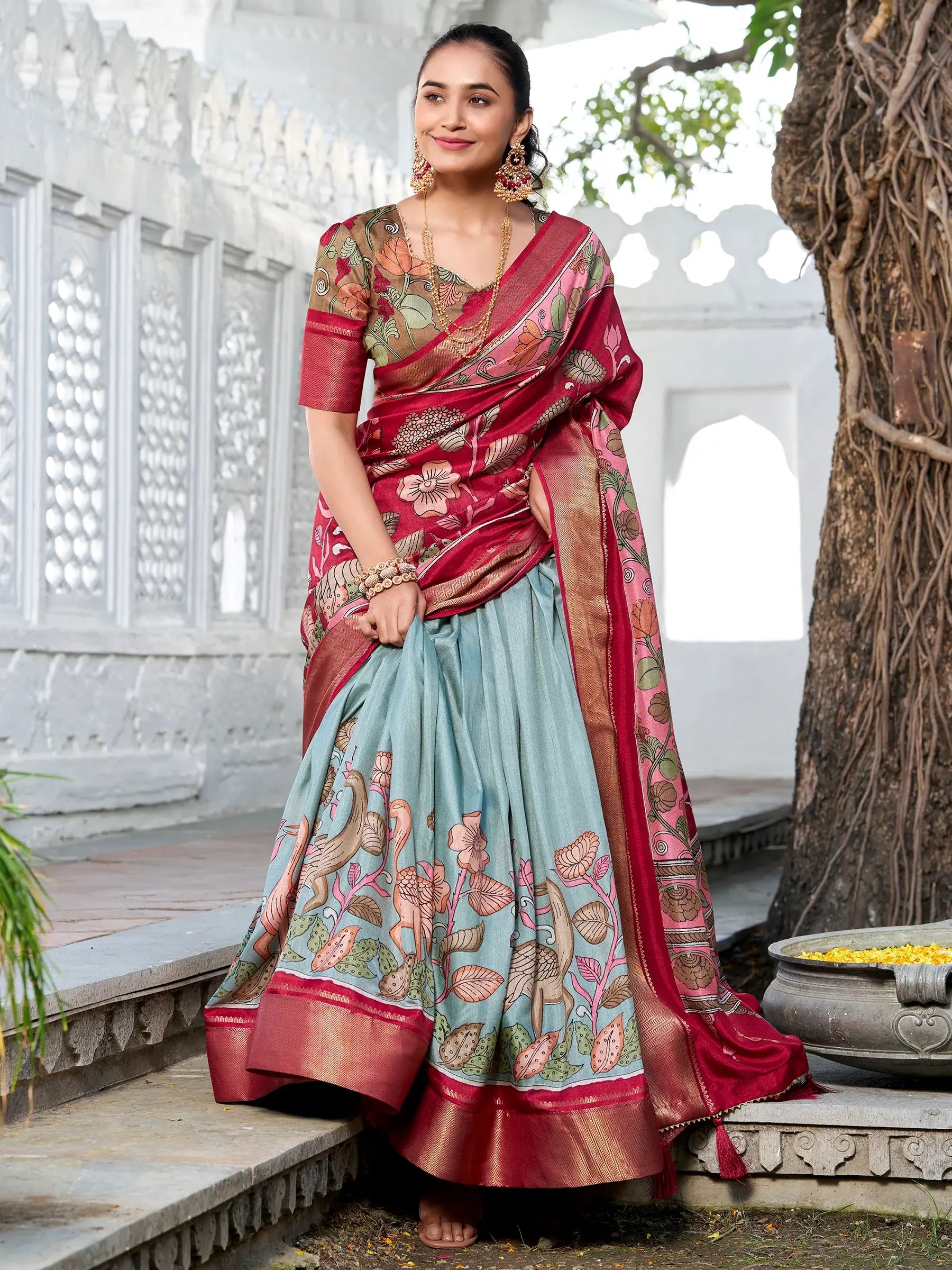 Excellent Sea Green Kalamkari Printed Dola Silk Lehenga Choli - Zeel Clothing