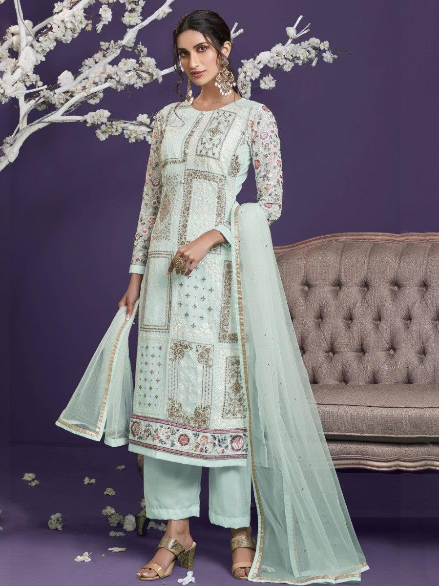 Mint green embroidered kurta set with floral dupatta, elegant women's ethnic wear for special occasions