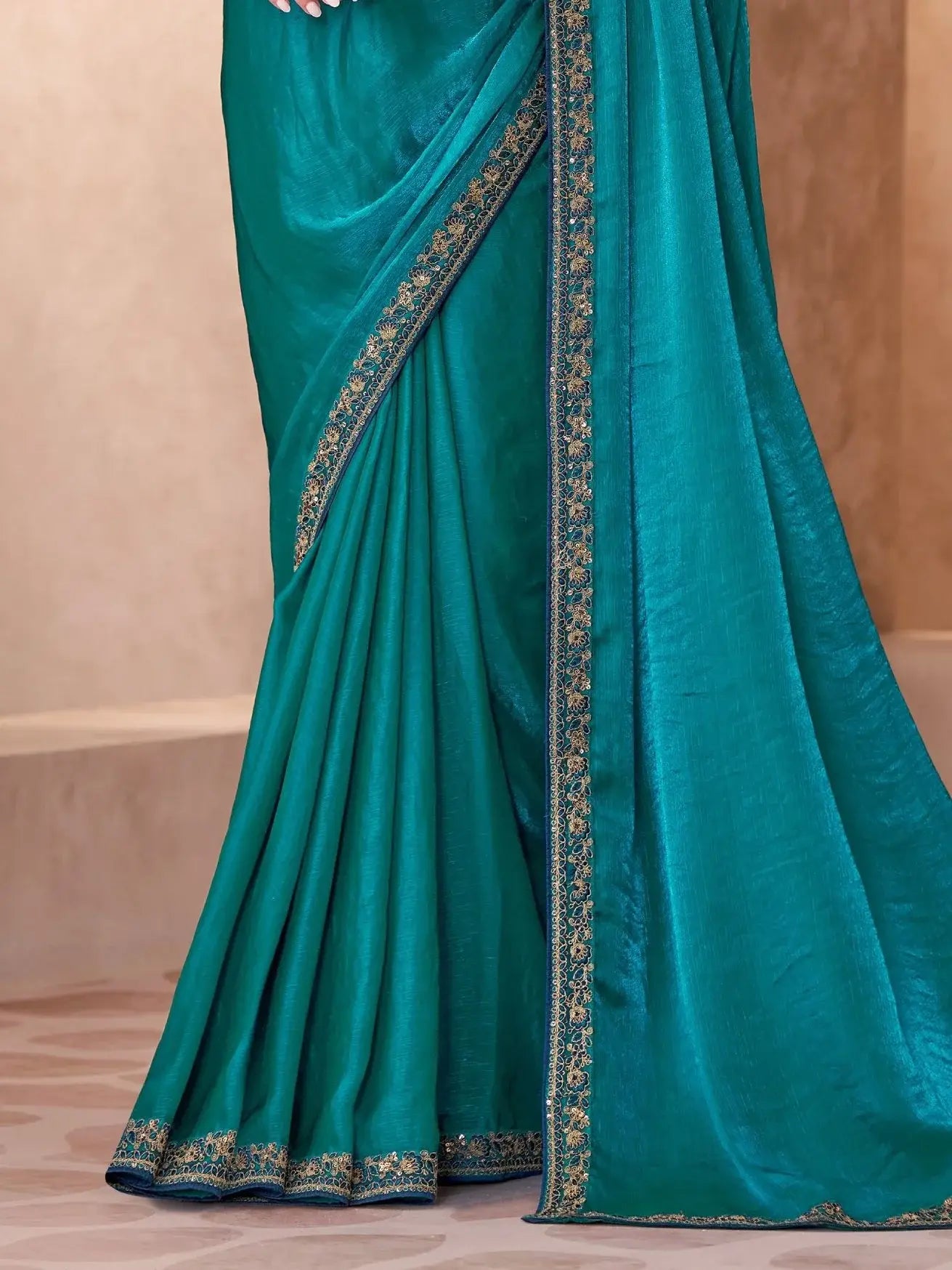 Excellent Teal Blue Embroidery Border Work Georgette Saree With Blouse - Zeel Clothing