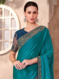 Excellent Teal Blue Embroidery Border Work Georgette Saree With Blouse - Zeel Clothing