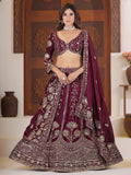 Excellent Wine Embroidered Chinon Engagement Lehenga With Blouse