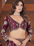 Excellent Wine Embroidered Chinon Engagement Lehenga With Blouse