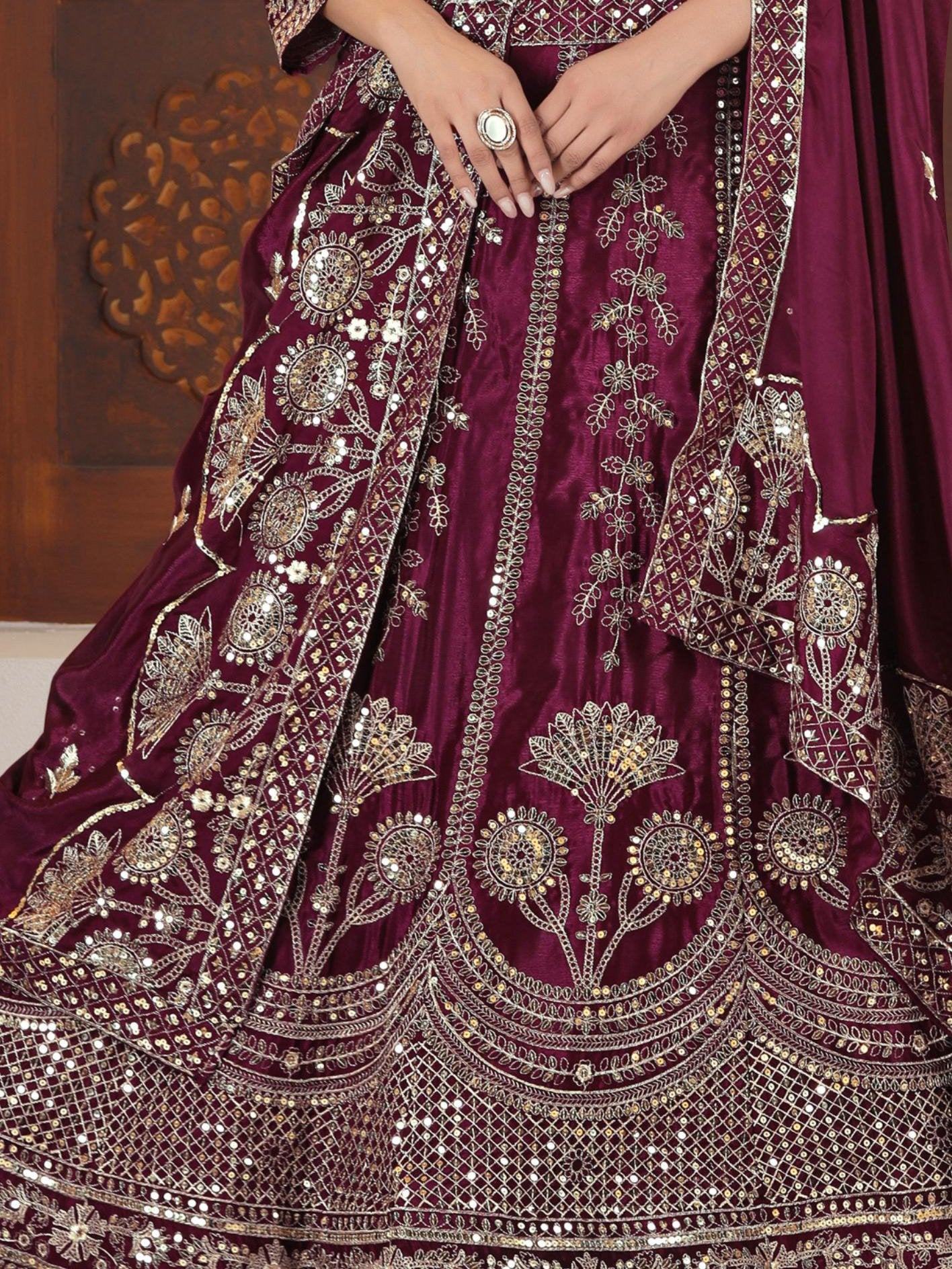 Excellent Wine Embroidered Chinon Engagement Lehenga With Blouse