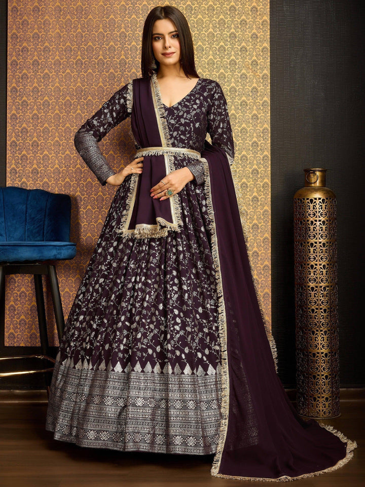 Excellent Wine Foil Work Georgette Wedding Wear Gown With Dupatta