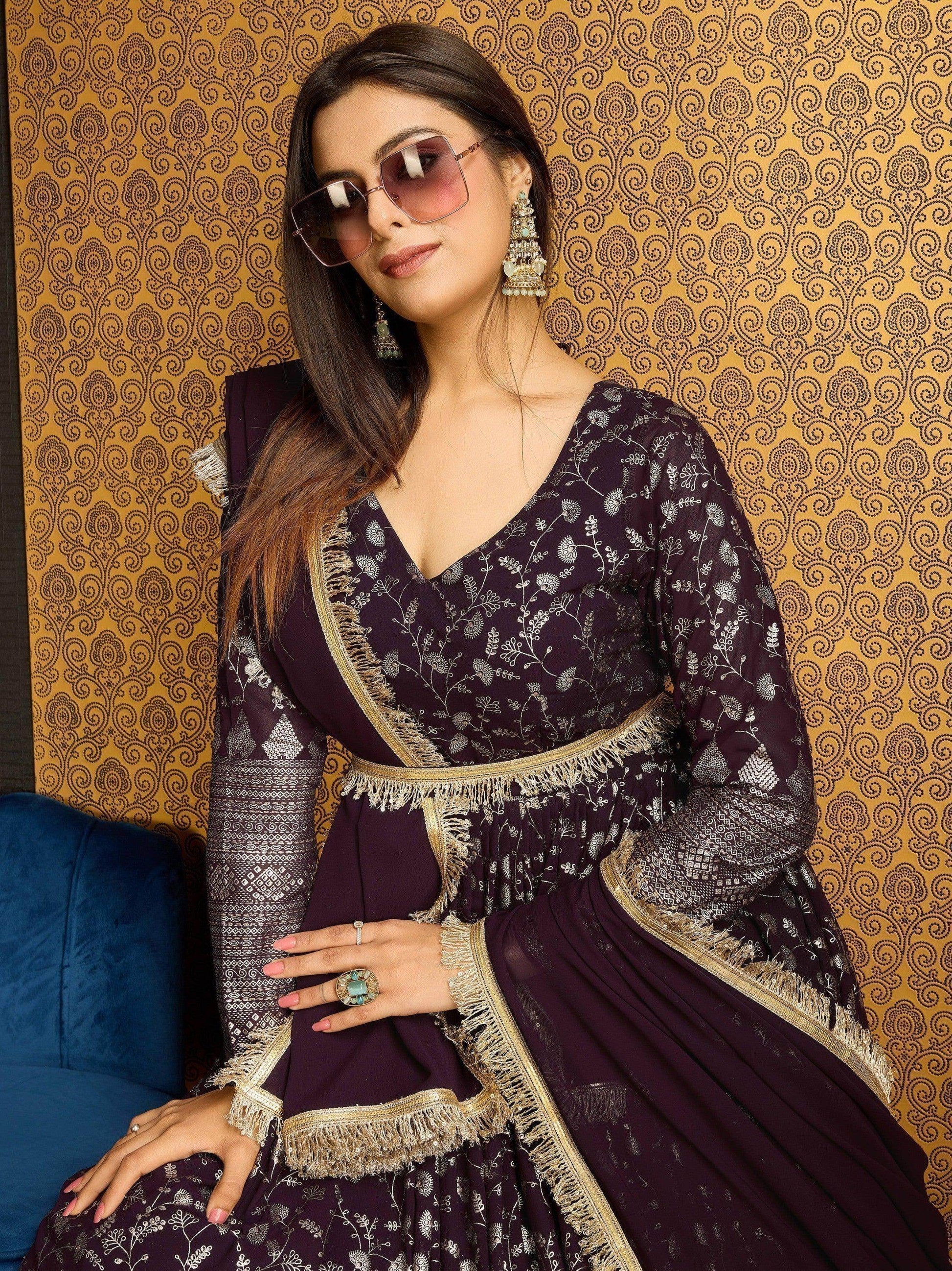 Excellent Wine Foil Work Georgette Wedding Wear Gown With Dupatta - Zeel Clothing
