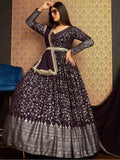 Excellent Wine Foil Work Georgette Wedding Wear Gown With Dupatta - Zeel Clothing