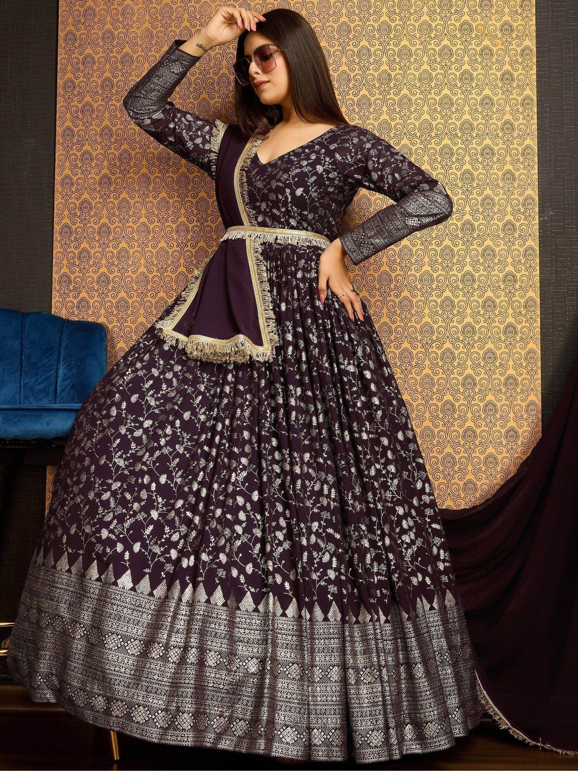 Excellent Wine Foil Work Georgette Wedding Wear Gown With Dupatta - Zeel Clothing