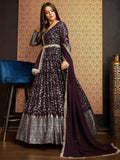 Excellent Wine Foil Work Georgette Wedding Wear Gown With Dupatta - Zeel Clothing