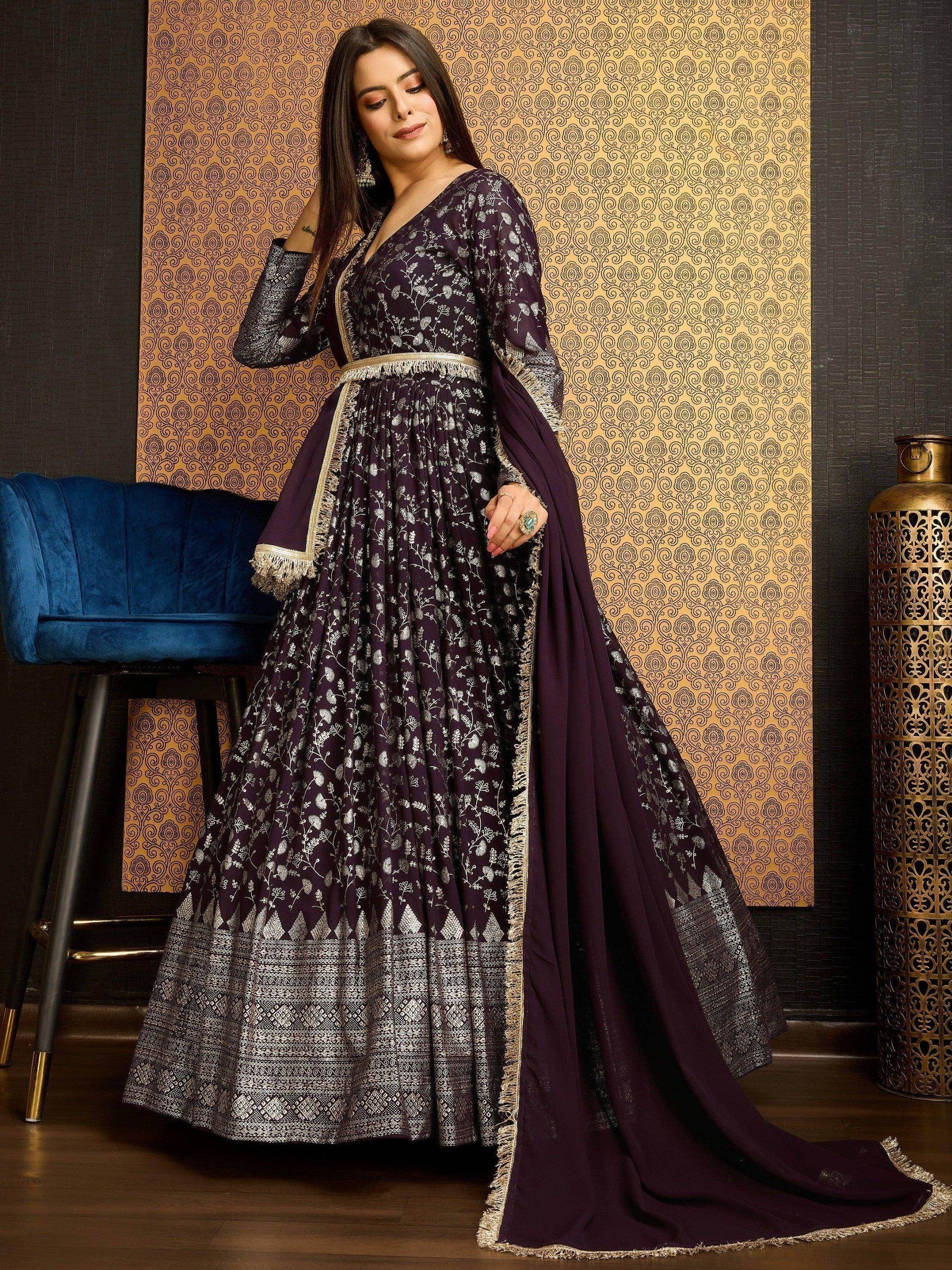 Excellent Wine Foil Work Georgette Wedding Wear Gown With Dupatta - Zeel Clothing