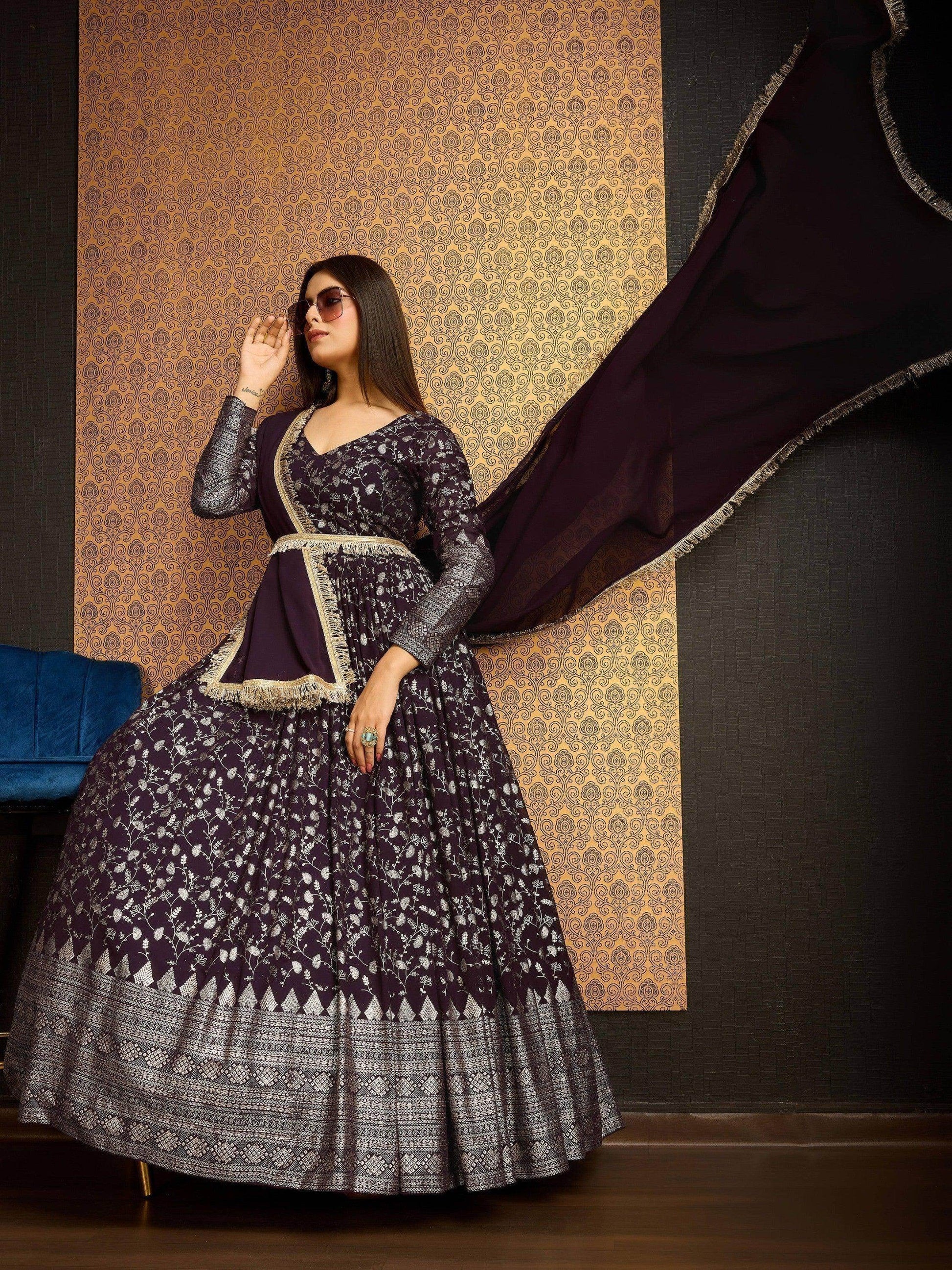 Excellent Wine Foil Work Georgette Wedding Wear Gown With Dupatta - Zeel Clothing