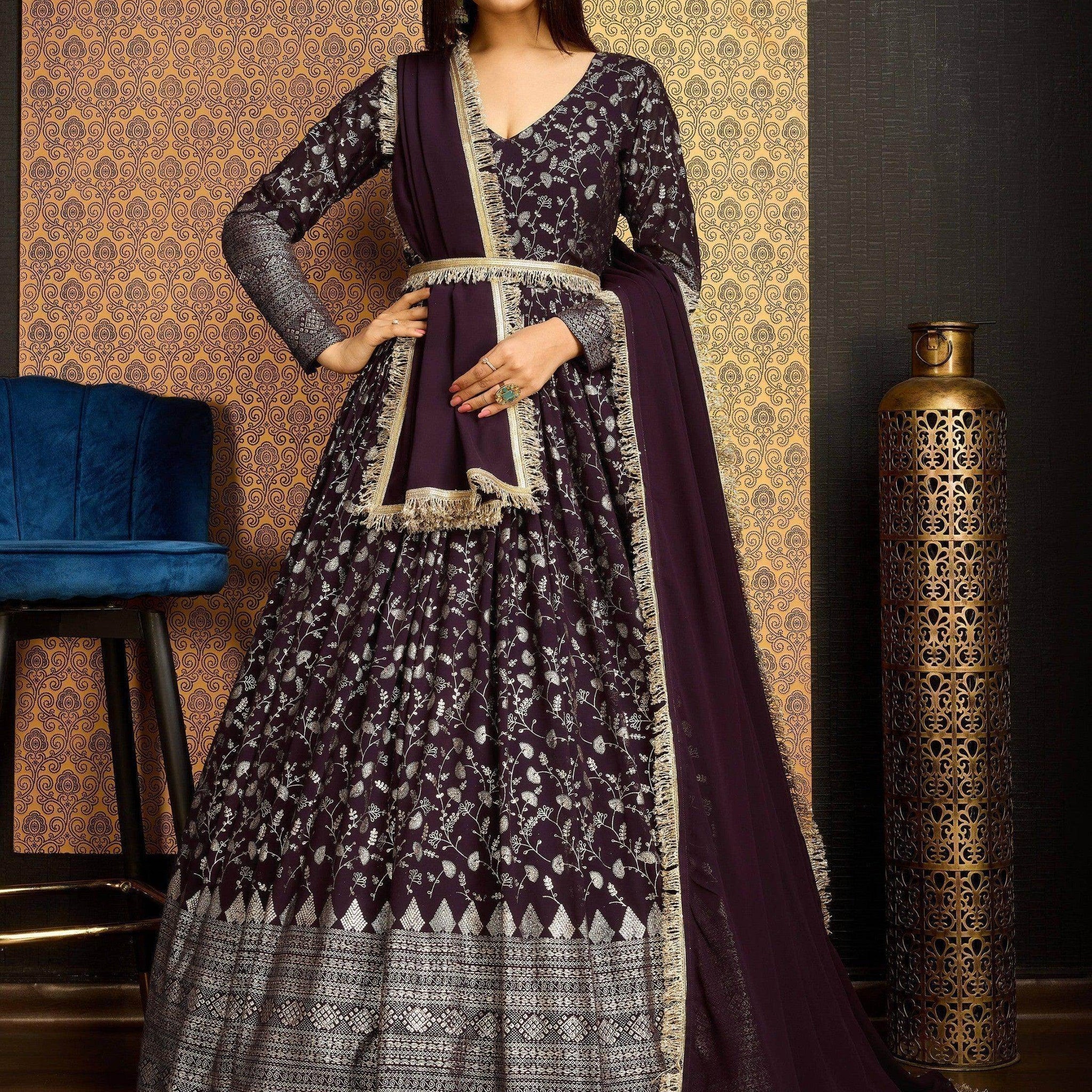 Excellent Wine Foil Work Georgette Wedding Wear Gown With Dupatta - Zeel Clothing