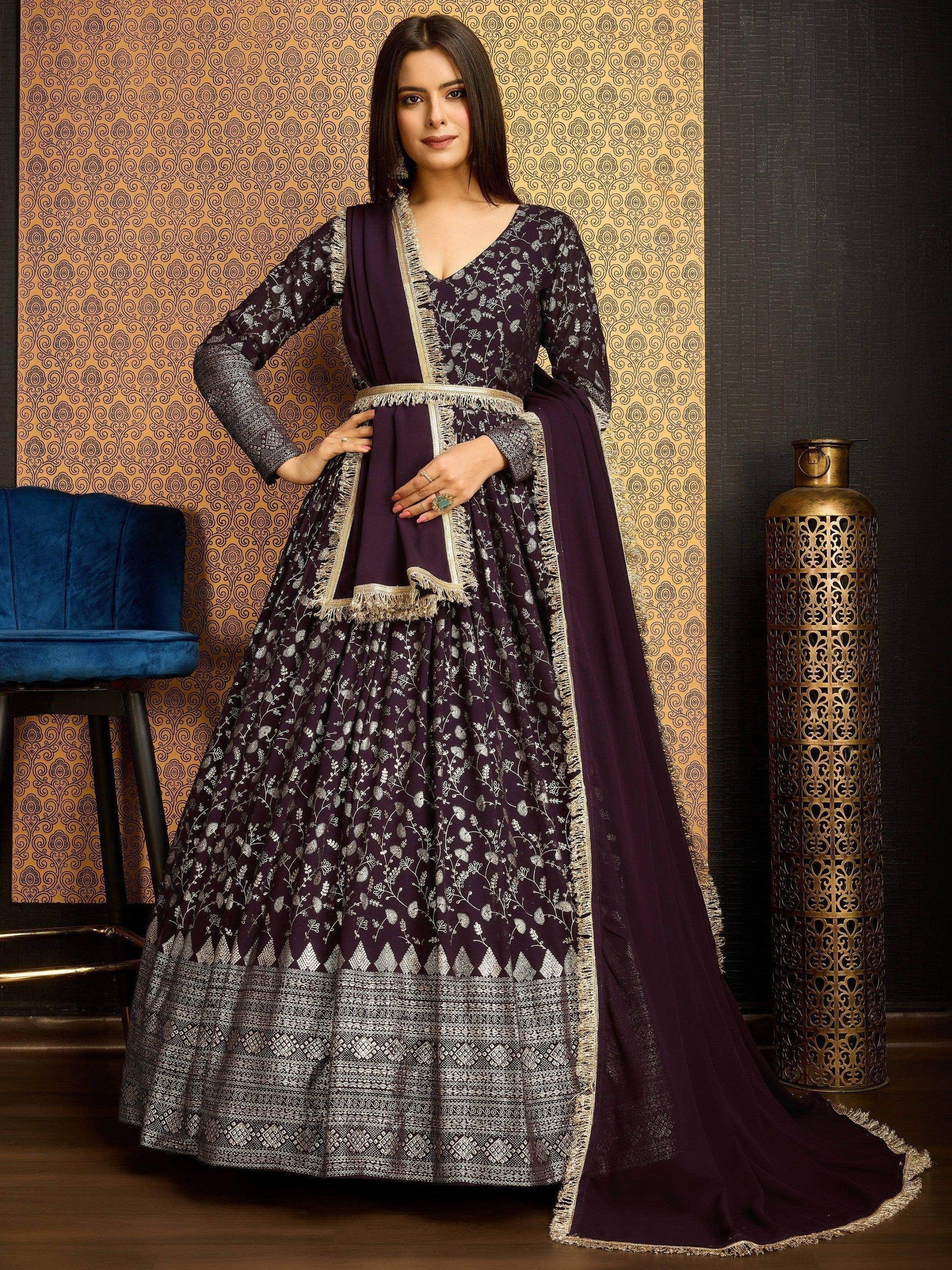 Excellent Wine Foil Work Georgette Wedding Wear Gown With Dupatta - Zeel Clothing