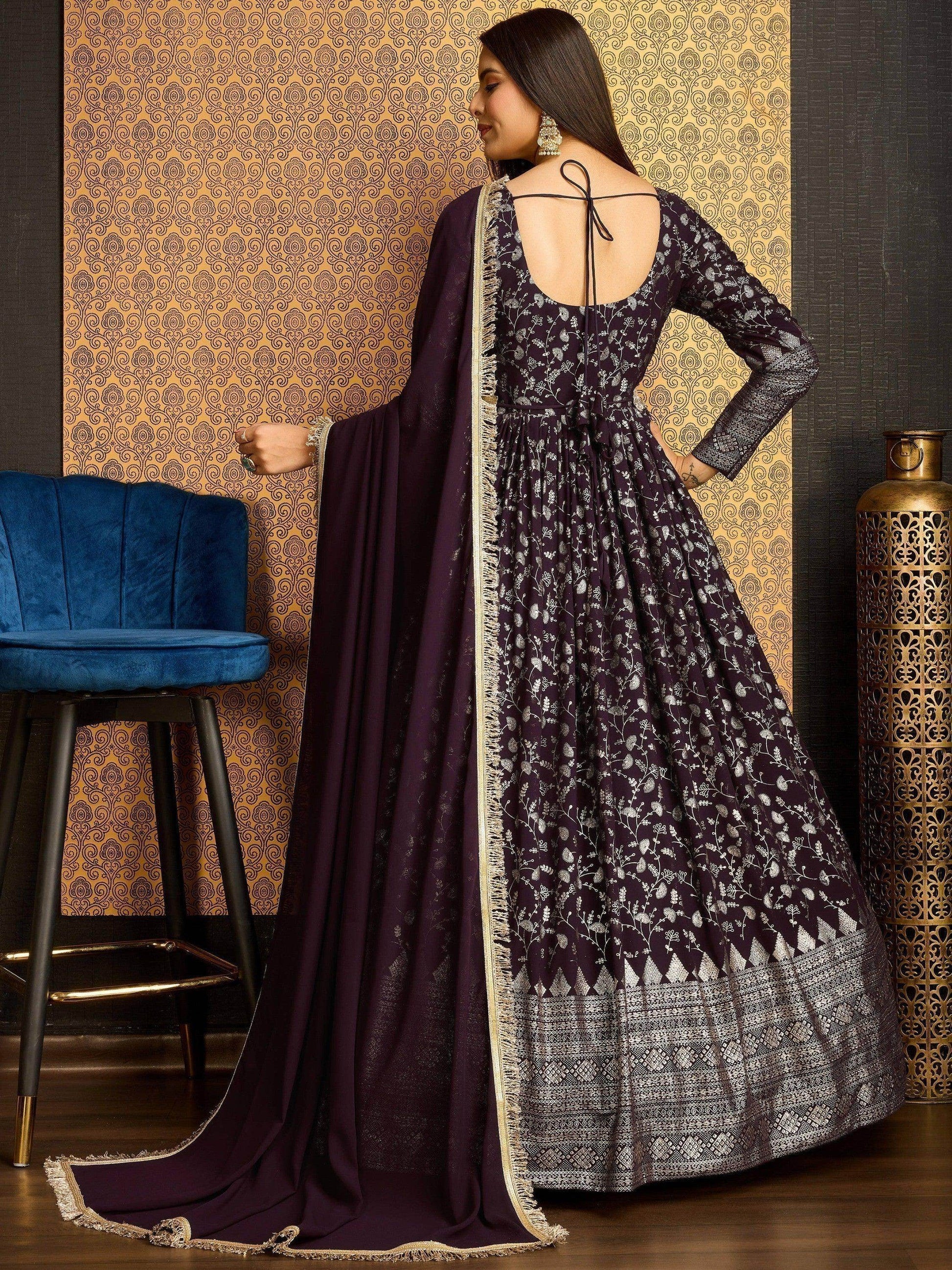 Excellent Wine Foil Work Georgette Wedding Wear Gown With Dupatta - Zeel Clothing