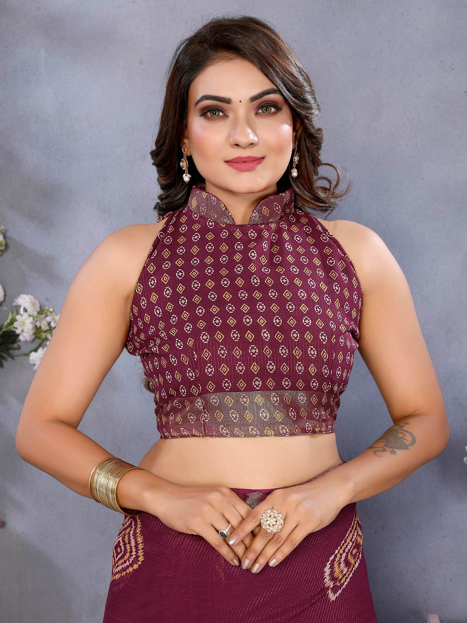 Excellent Wine Shibori Printed Chiffon Event Wear Saree With Blouse - Zeel Clothing