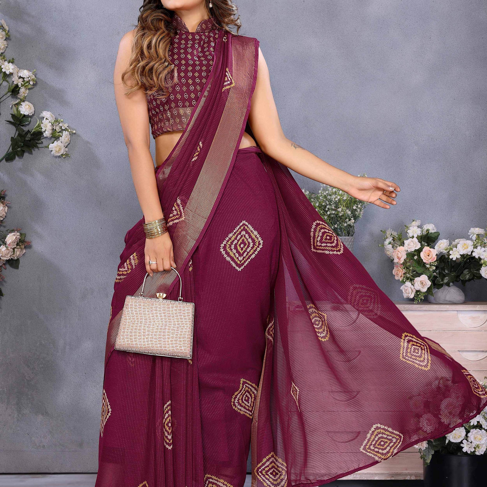 Excellent Wine Shibori Printed Chiffon Event Wear Saree With Blouse - Zeel Clothing